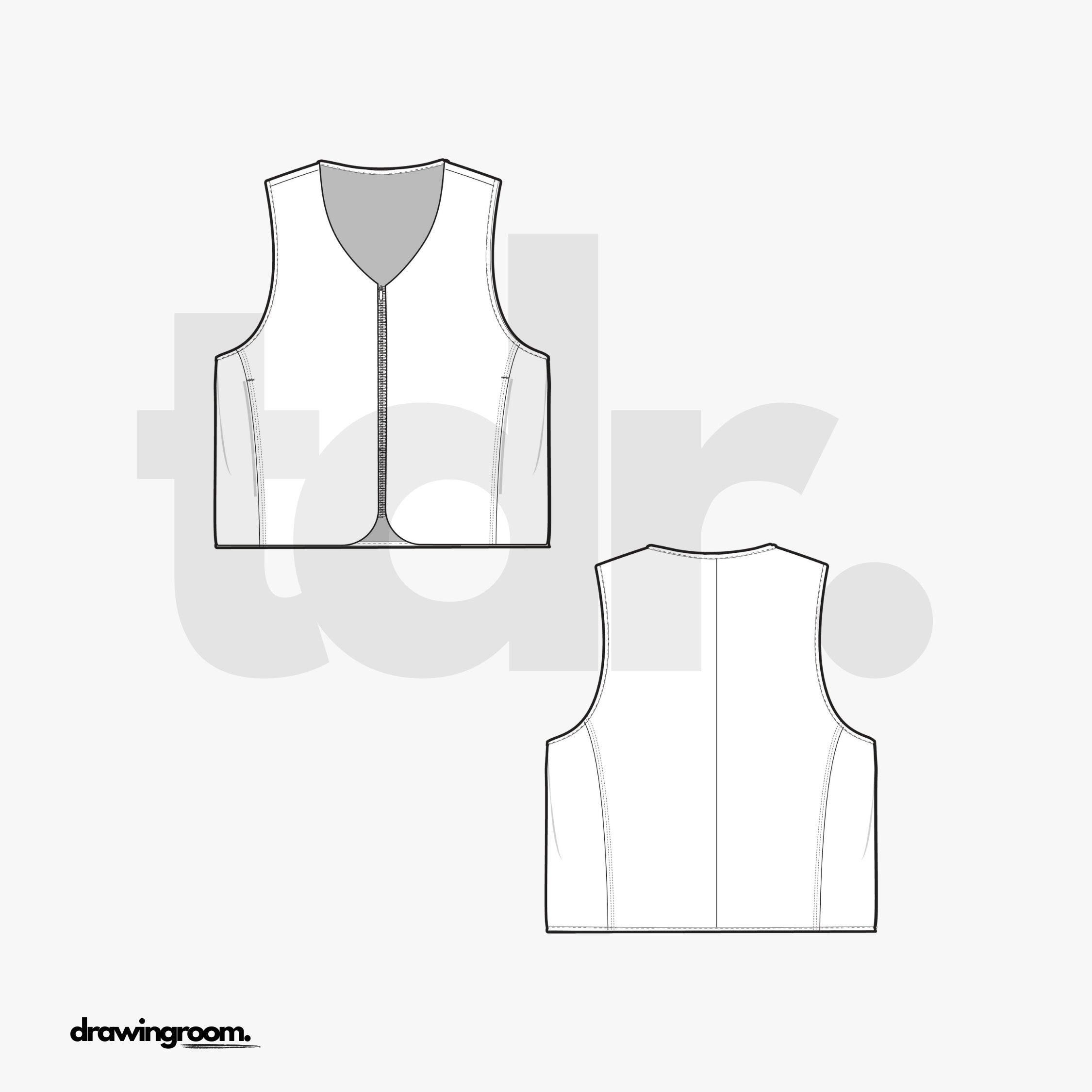 Relaxed Fit Zip Up Vest with Armhole Princess Seams - Flat Mockup Vector