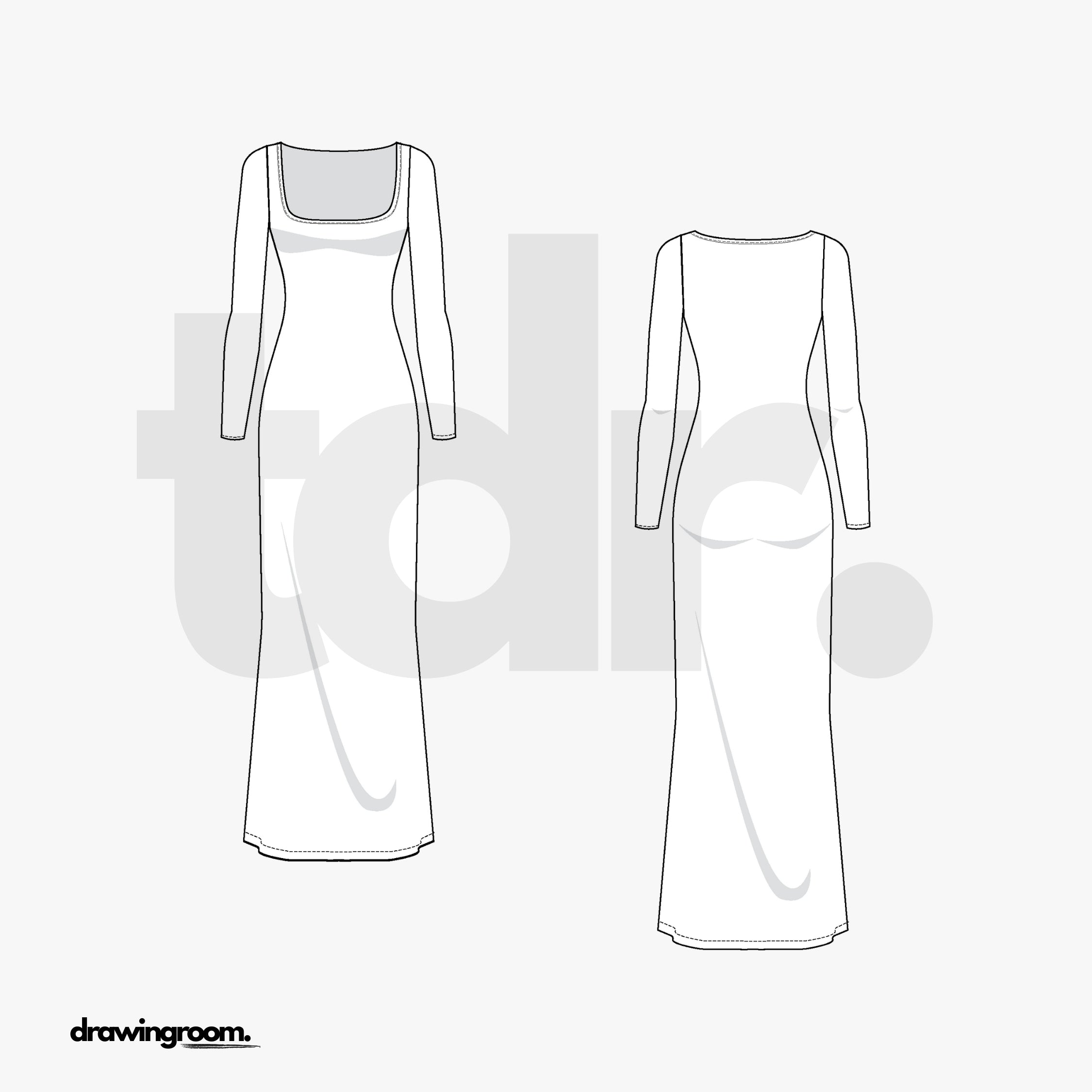 Sheath Fit Maxi Long Sleeve Dress - Flat Mockup Vector