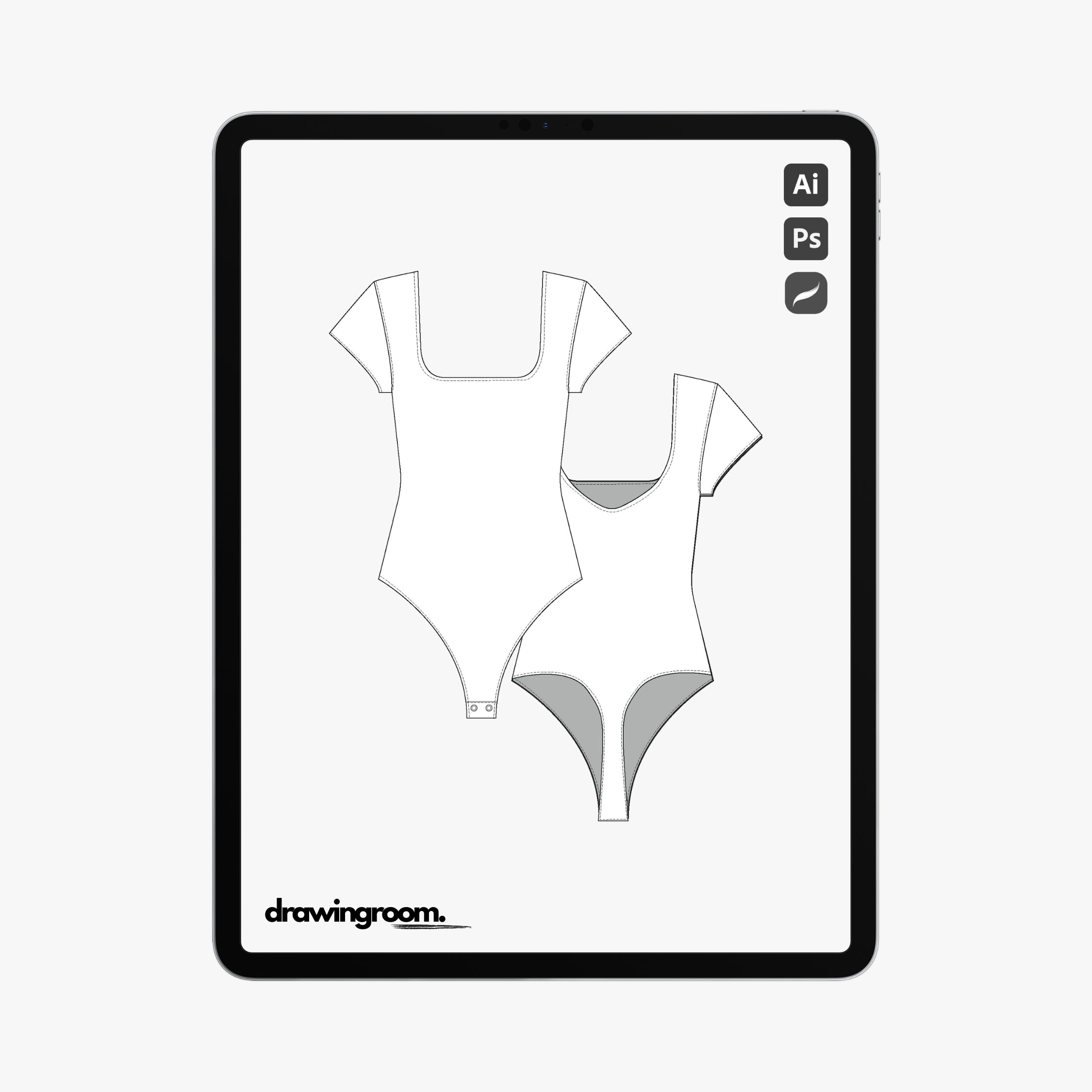 Short Sleeve Thong Body Suit with Square Neck and Curved Back Neck - Flat Mockup Vector