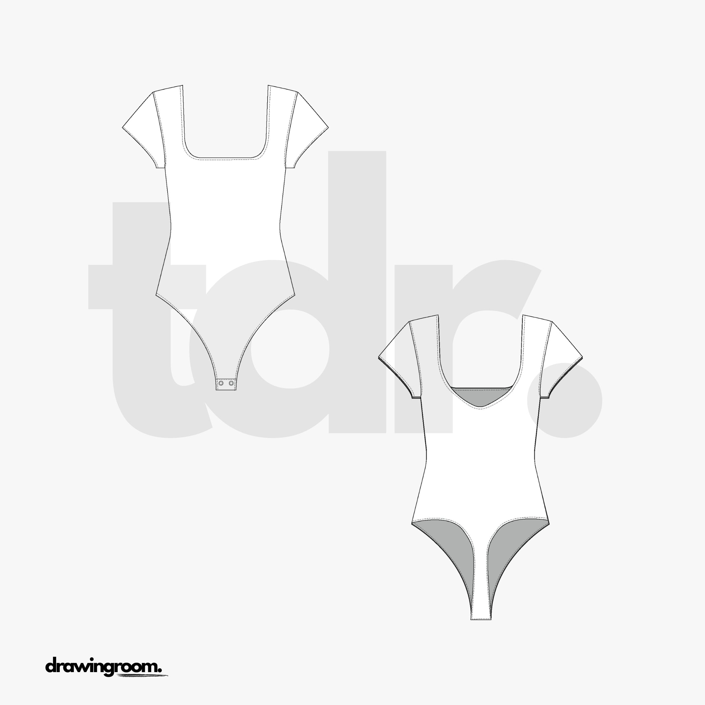 Short Sleeve Thong Body Suit with Square Neck and Curved Back Neck - Flat Mockup Vector