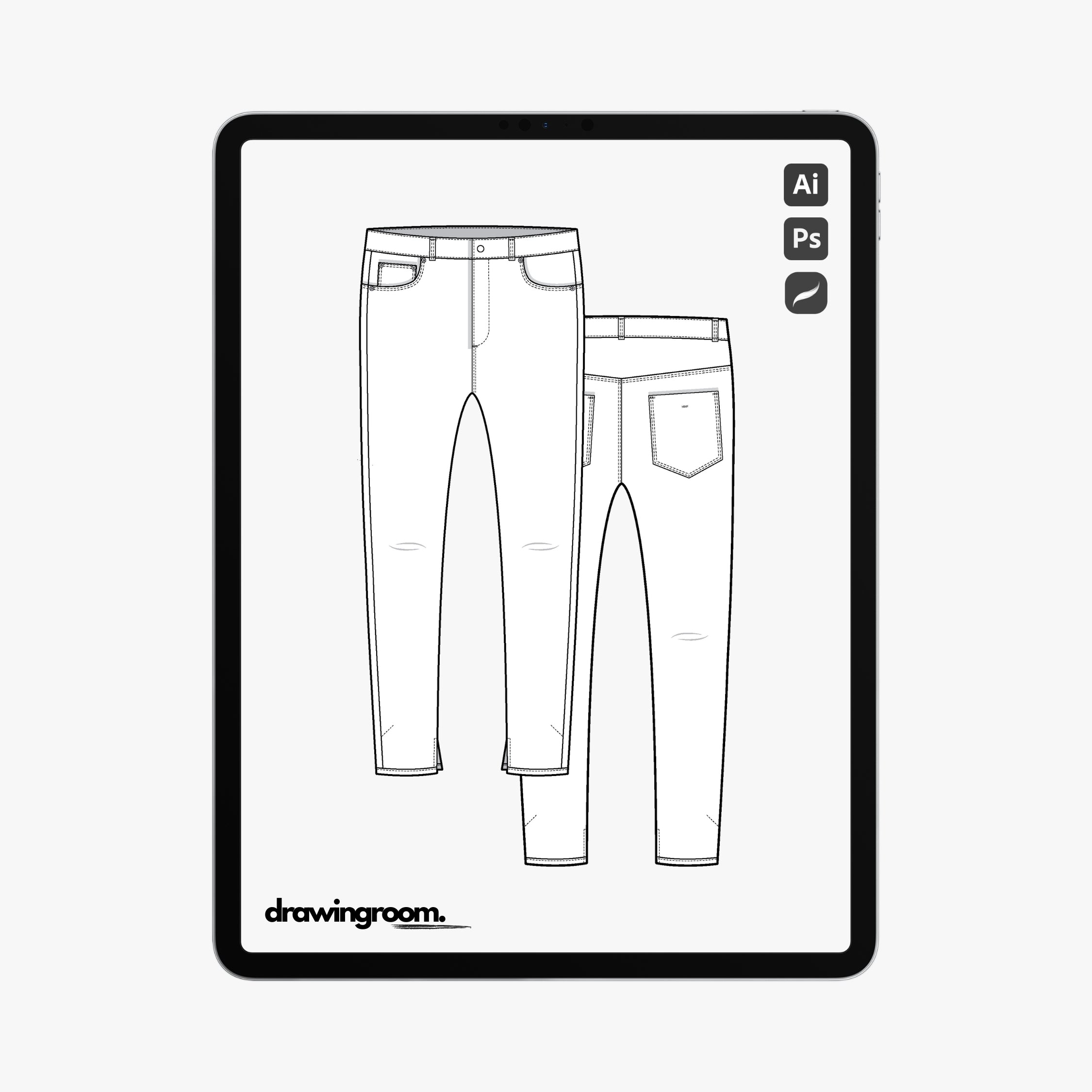 Skinny Fit Jeans With Hem Inseam Slit - Flat Mockup Vector