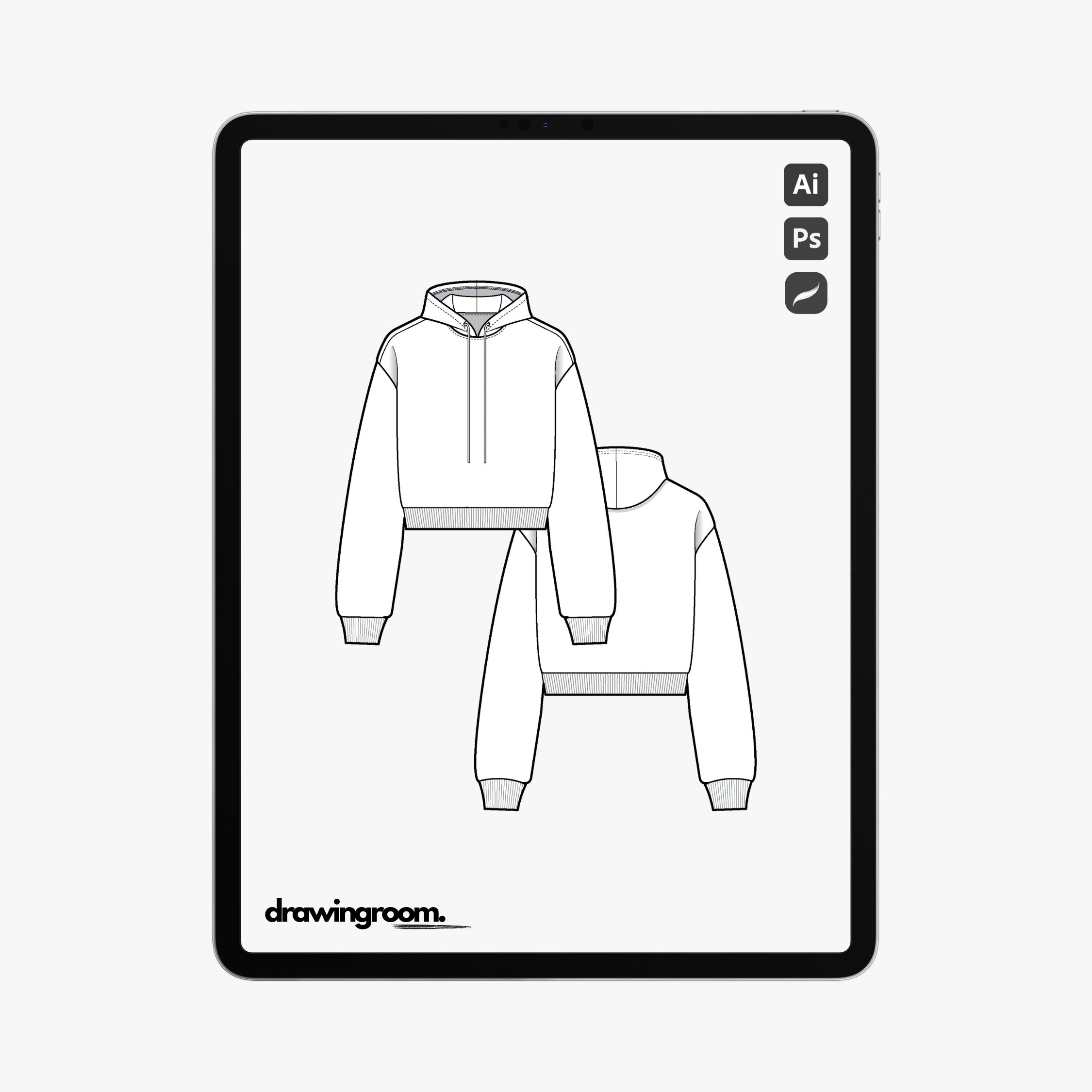 Slim Cropped Pullover Hoodie with Drawstring - Flat Mockup Vector