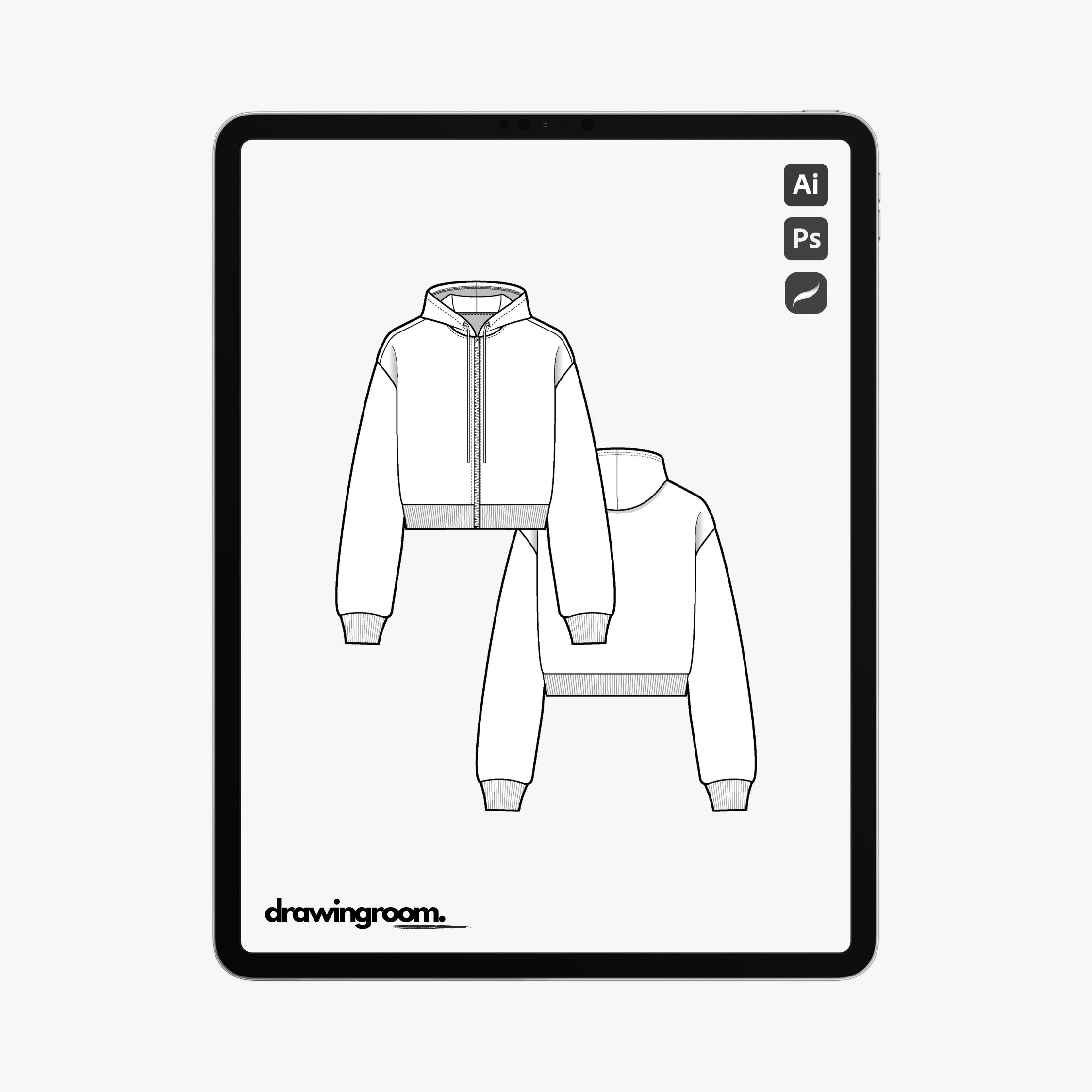 Slim Cropped Zip Up Hoodie with Drawstring - Flat Mockup Vector