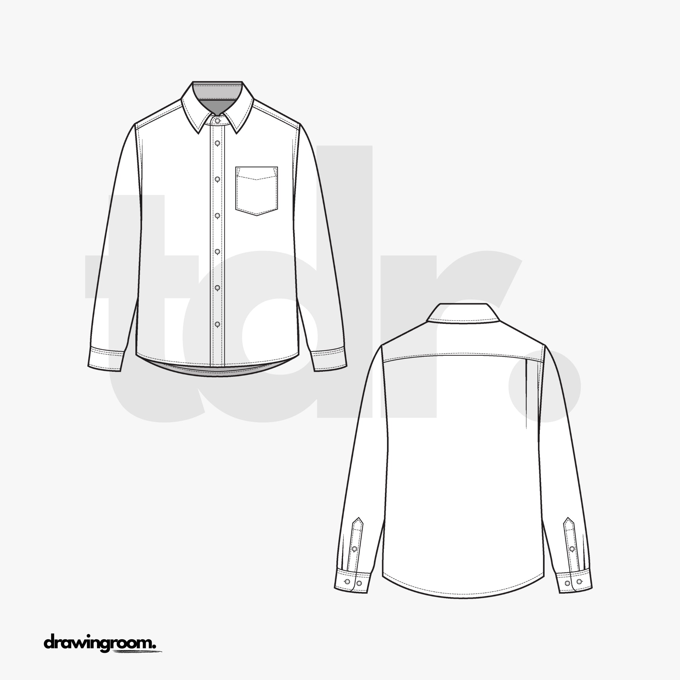 Slim Fit Long Sleeve Button Up with Pocket and Curved Hem - Flat Mockup Vector