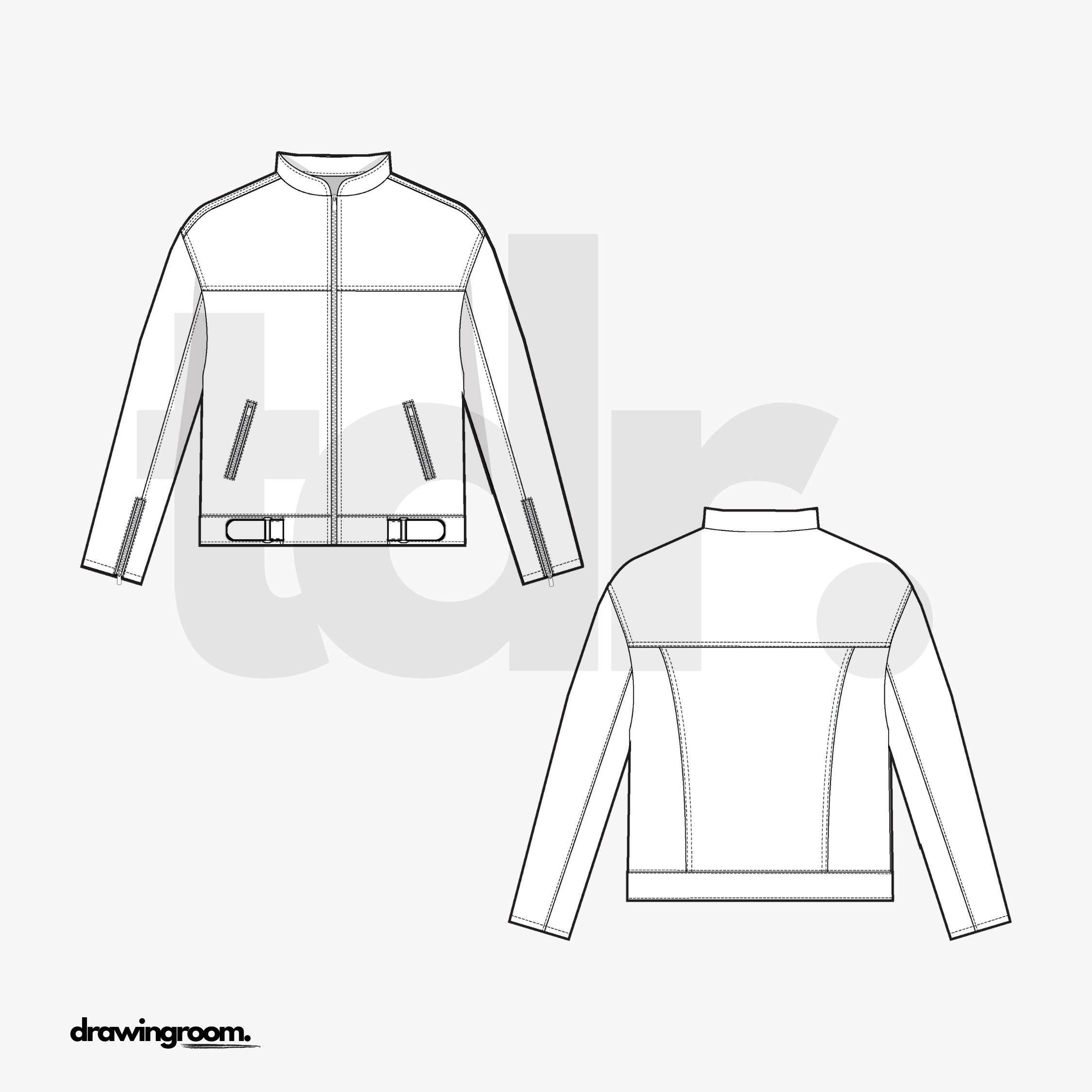 Slim Fit Biker Jacket with Zip Pockets and Adjuster Tabs - Flat Mockup Vector