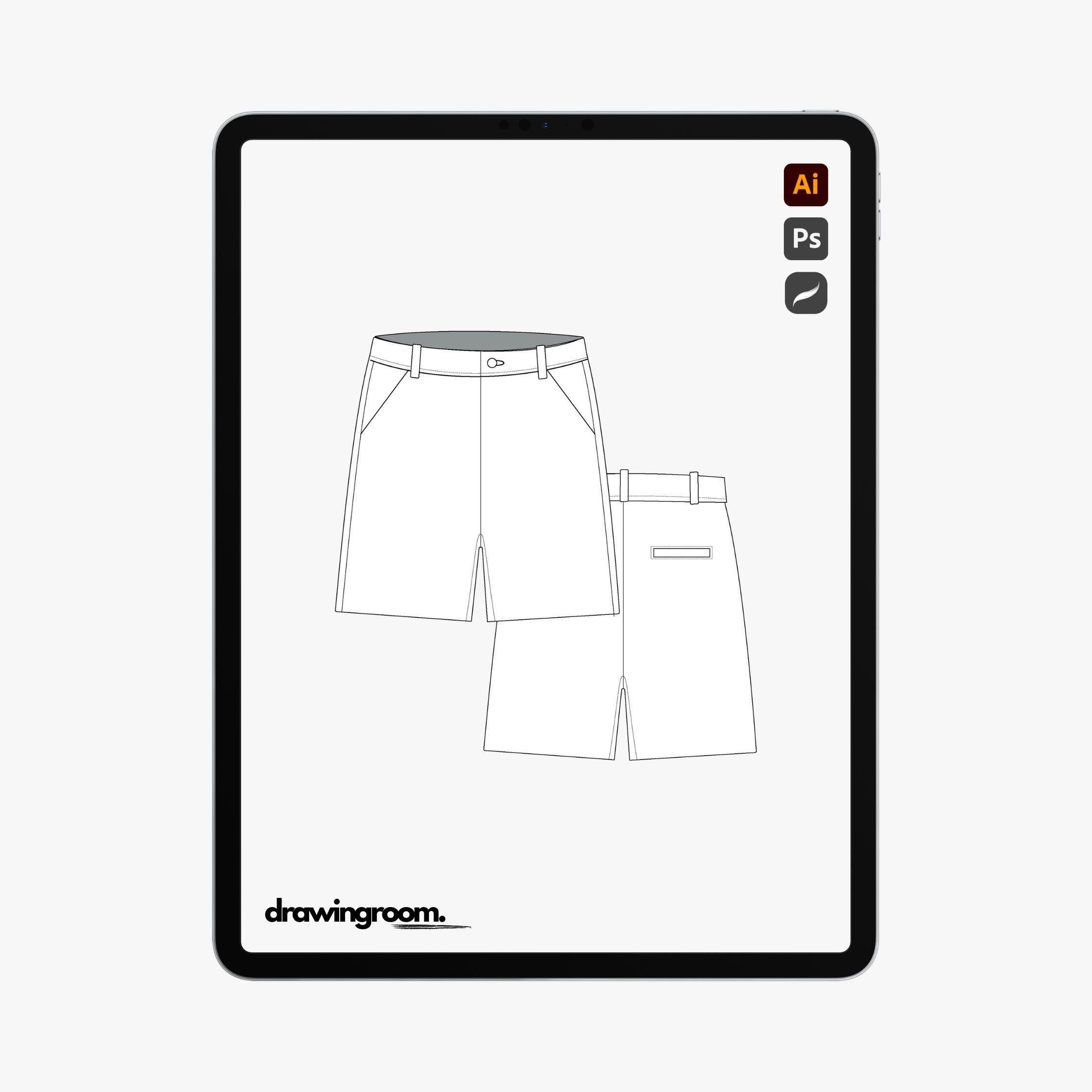 Slim Fit Casual Shorts with Slash Pocket and Back Welt Pockets - Flat Mockup Vector