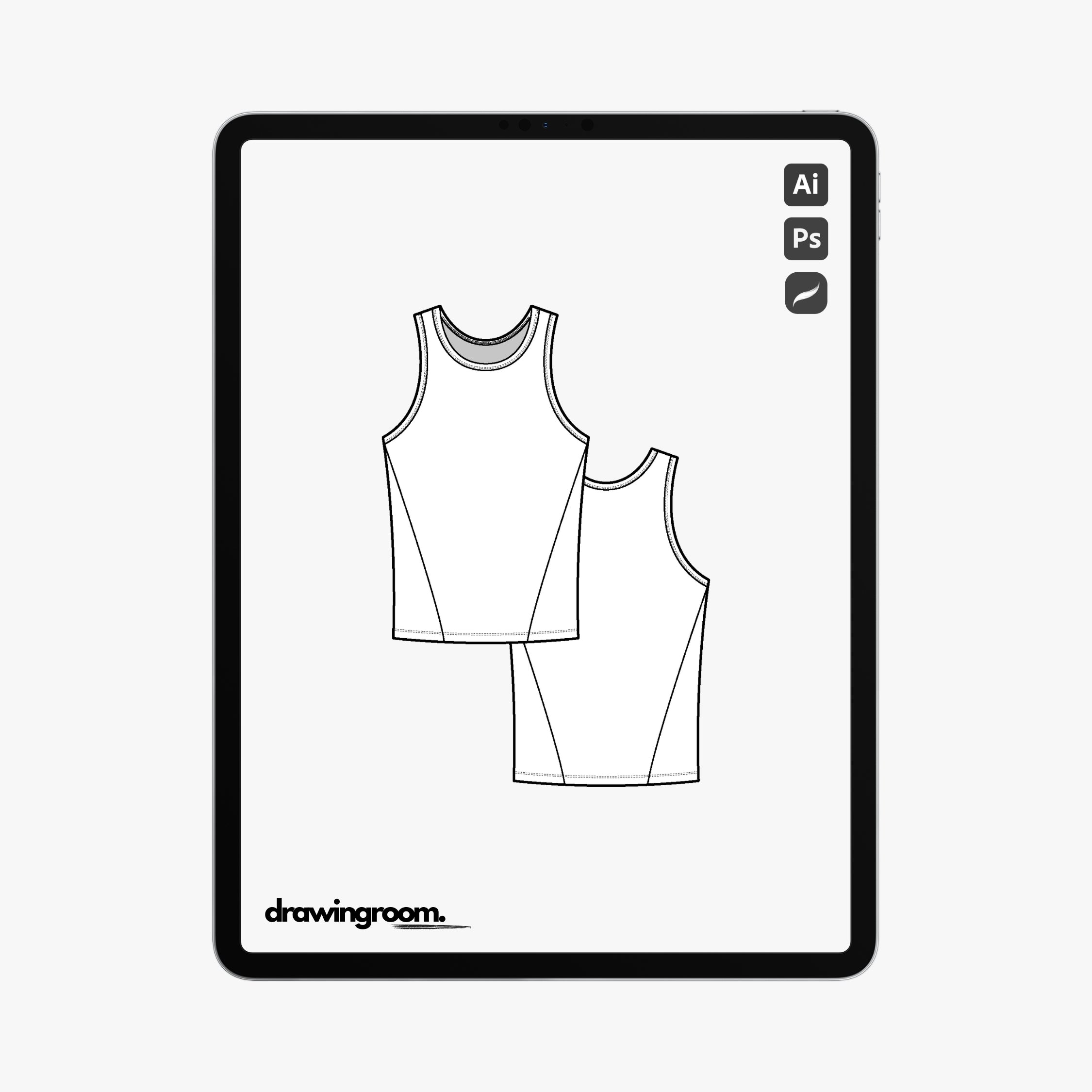 Slim Fit Crewneck Tank with Side Cut and Sew Details - Flat Mockup Vector