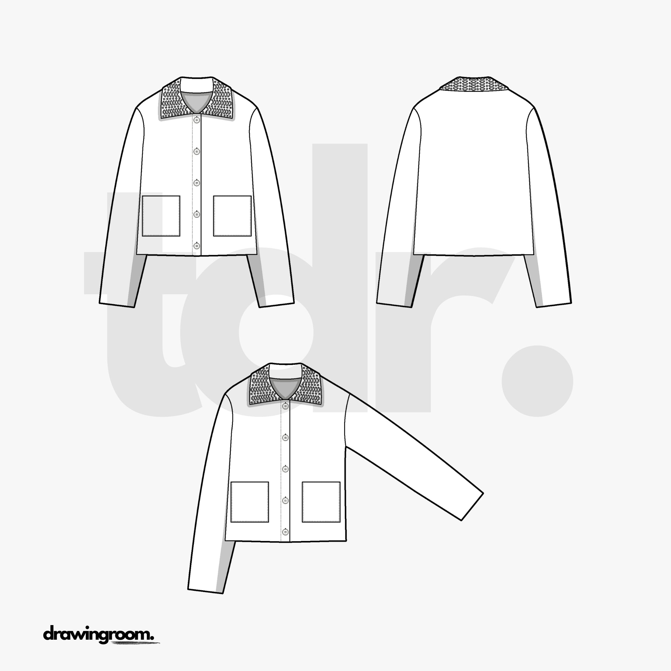 Slim Fit Cropped Carpenter Jacket with Bejeweled Collar - Flat Mockup Vector