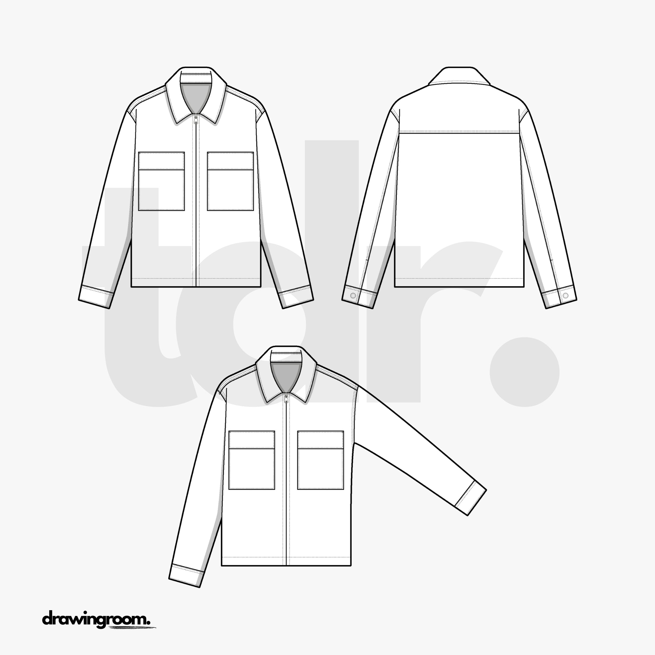 Slim Fit Cropped Zip Up Jacket with Two Patch Pockets with Flaps - Flat Mockup Vector