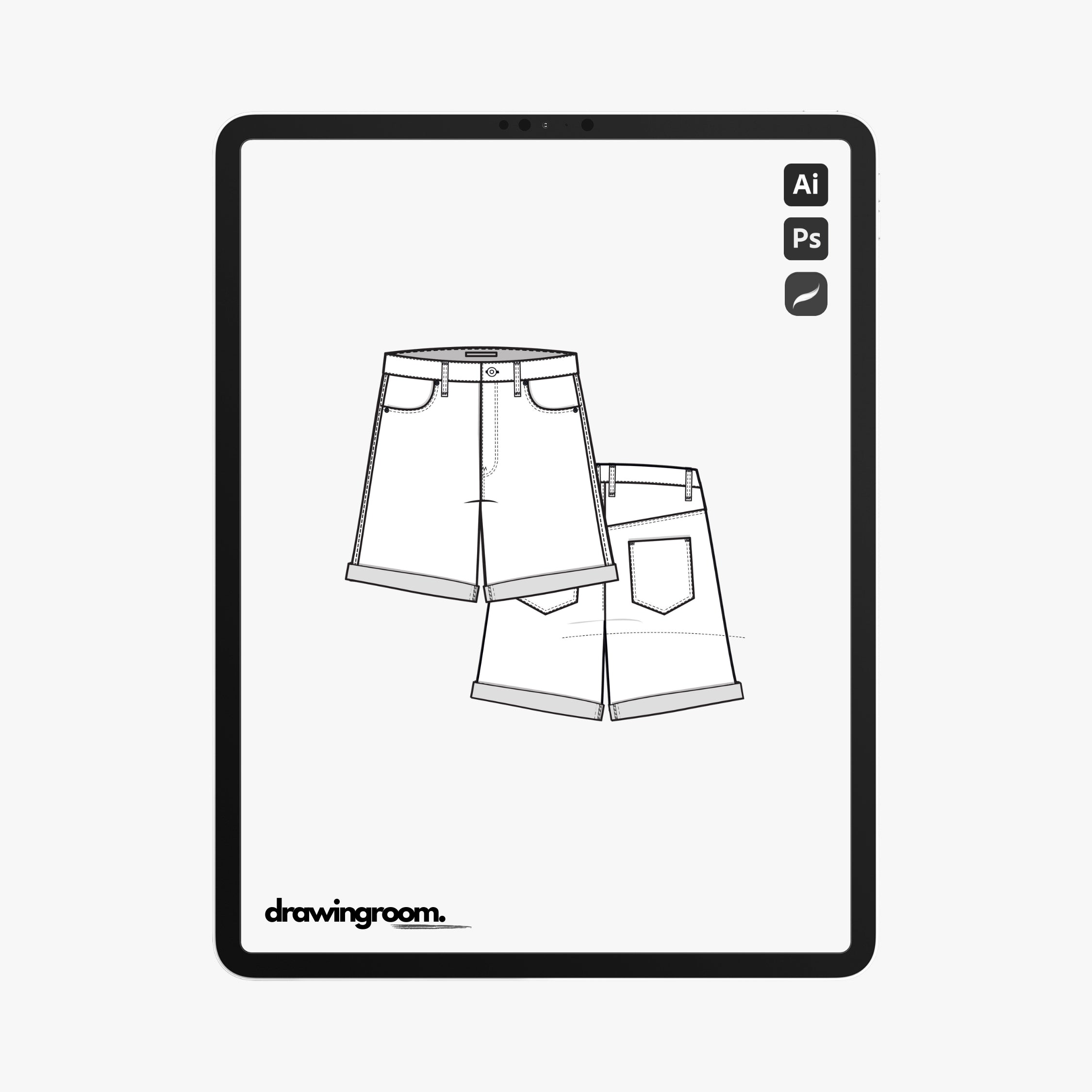 Slim Fit Cuffed Jean Shorts - Flat Mockup Vector