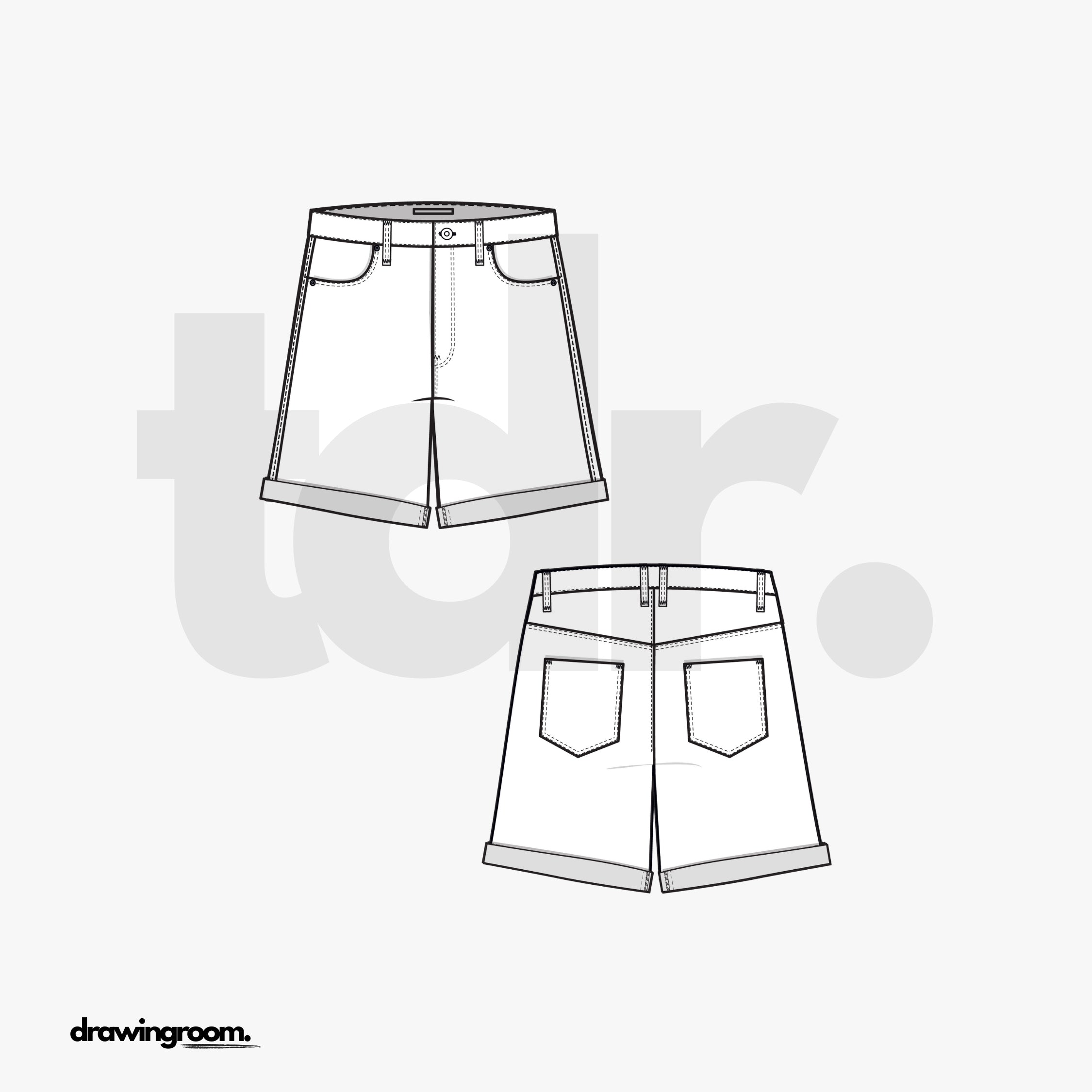 Slim Fit Cuffed Jean Shorts - Flat Mockup Vector