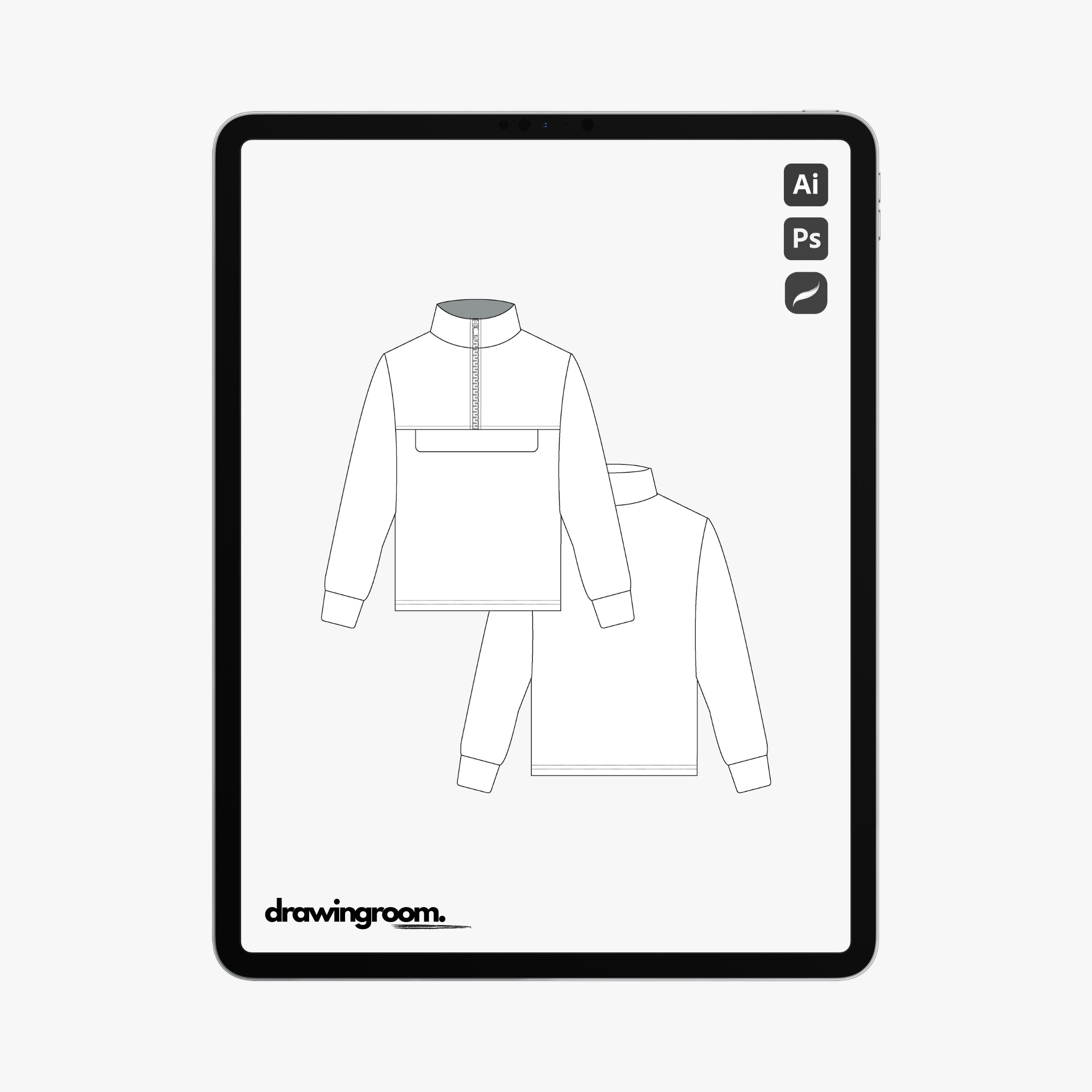 Slim Fit Half Zip Long Sleeve Pullover Sweater with Kangaroo Pocket - Flat Mockup Vector