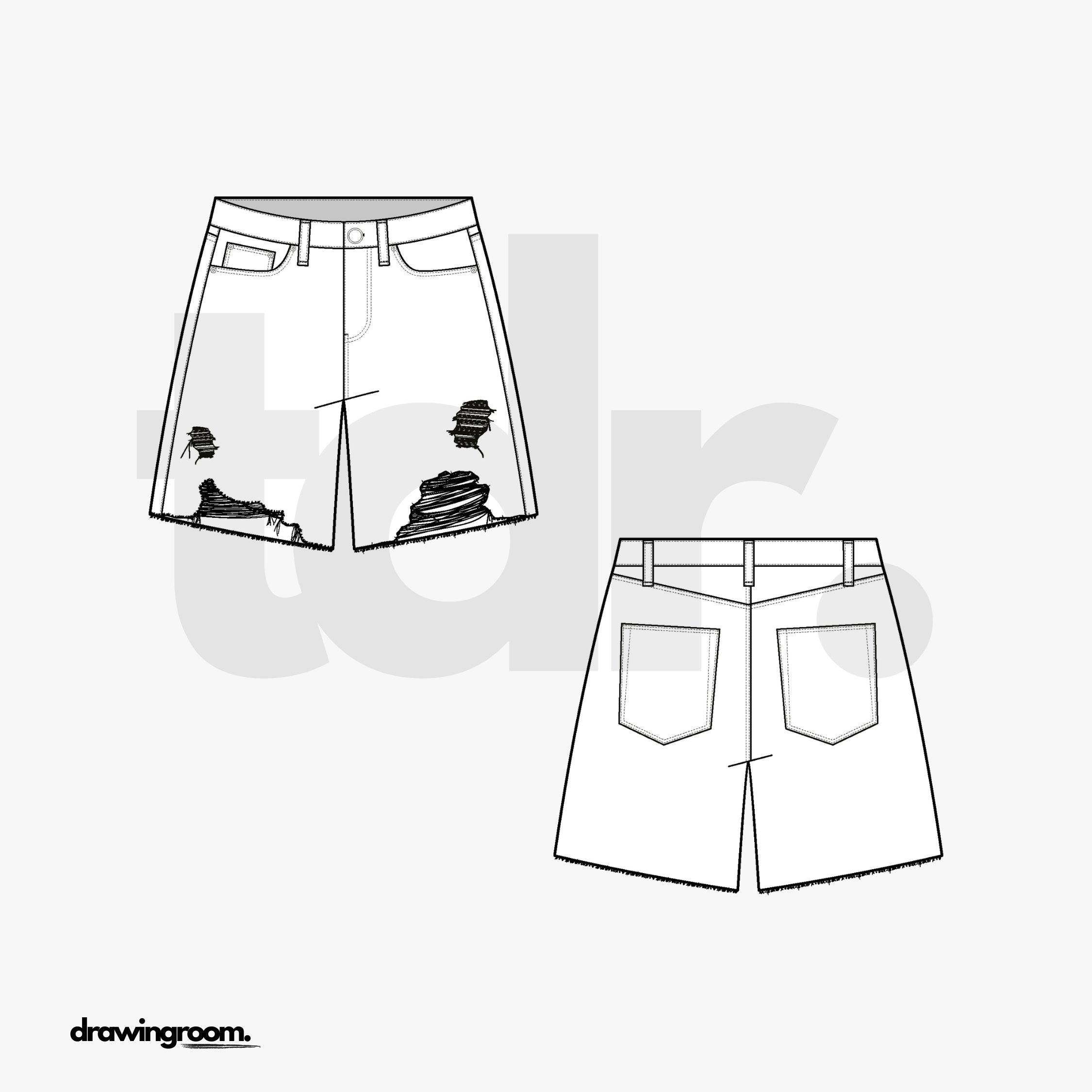 Slim Fit Jean Shorts with Front Distressing - Flat Mockup Vector