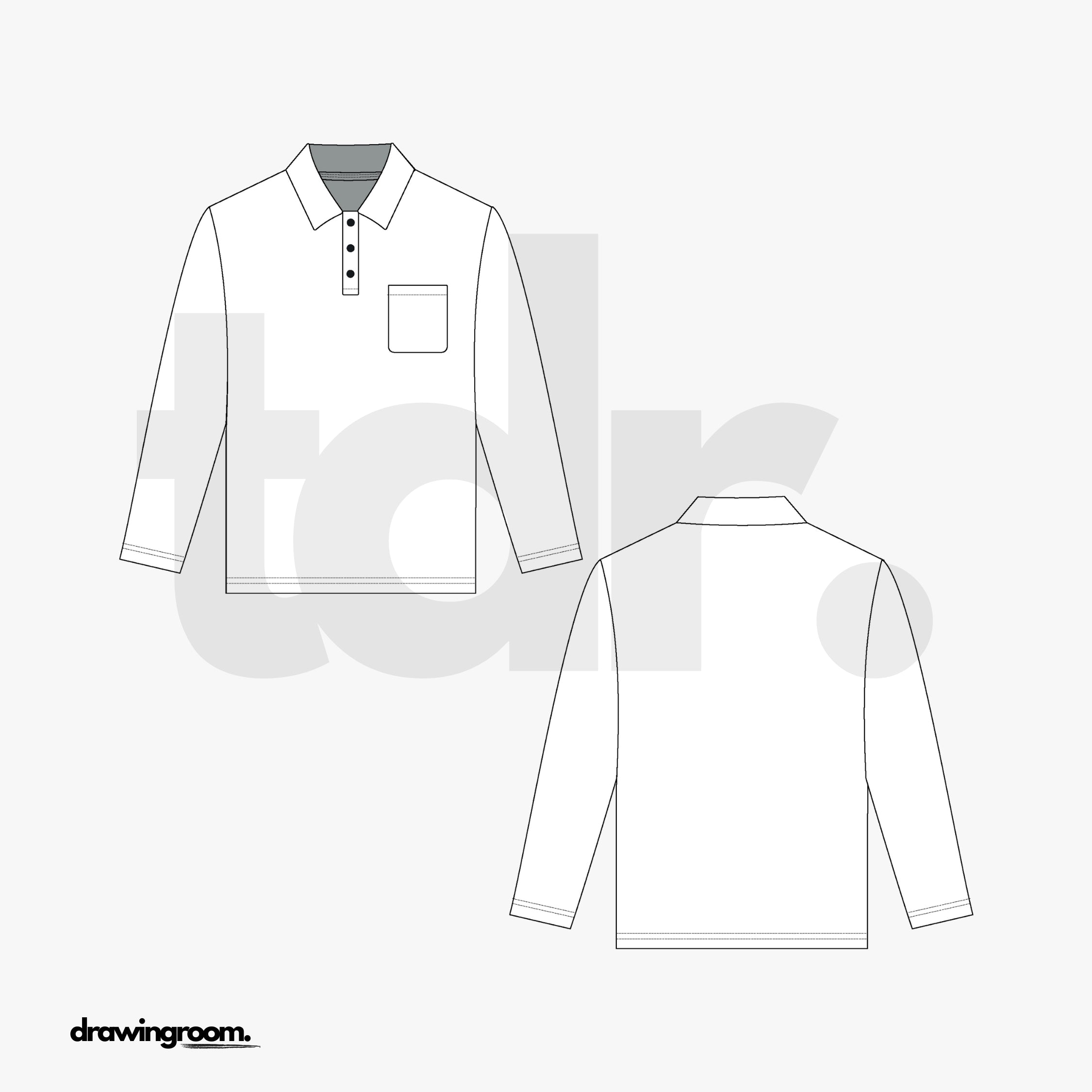 Slim Fit Long Sleeve Button Up Polo - Flat Mockup Vector