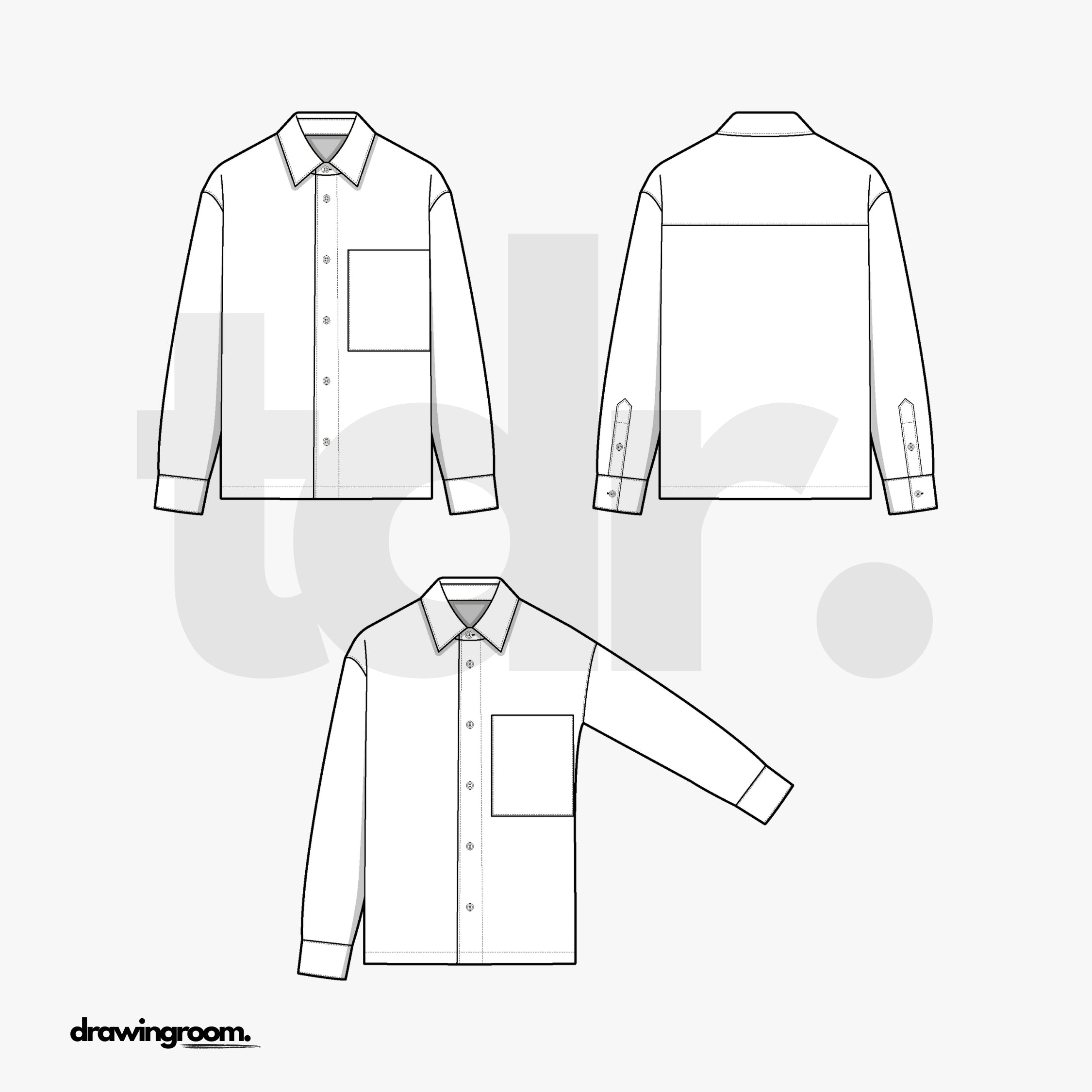 Slim Fit Long Sleeve Button Up Shirt with Patch Pocket - Flat Mockup Vector