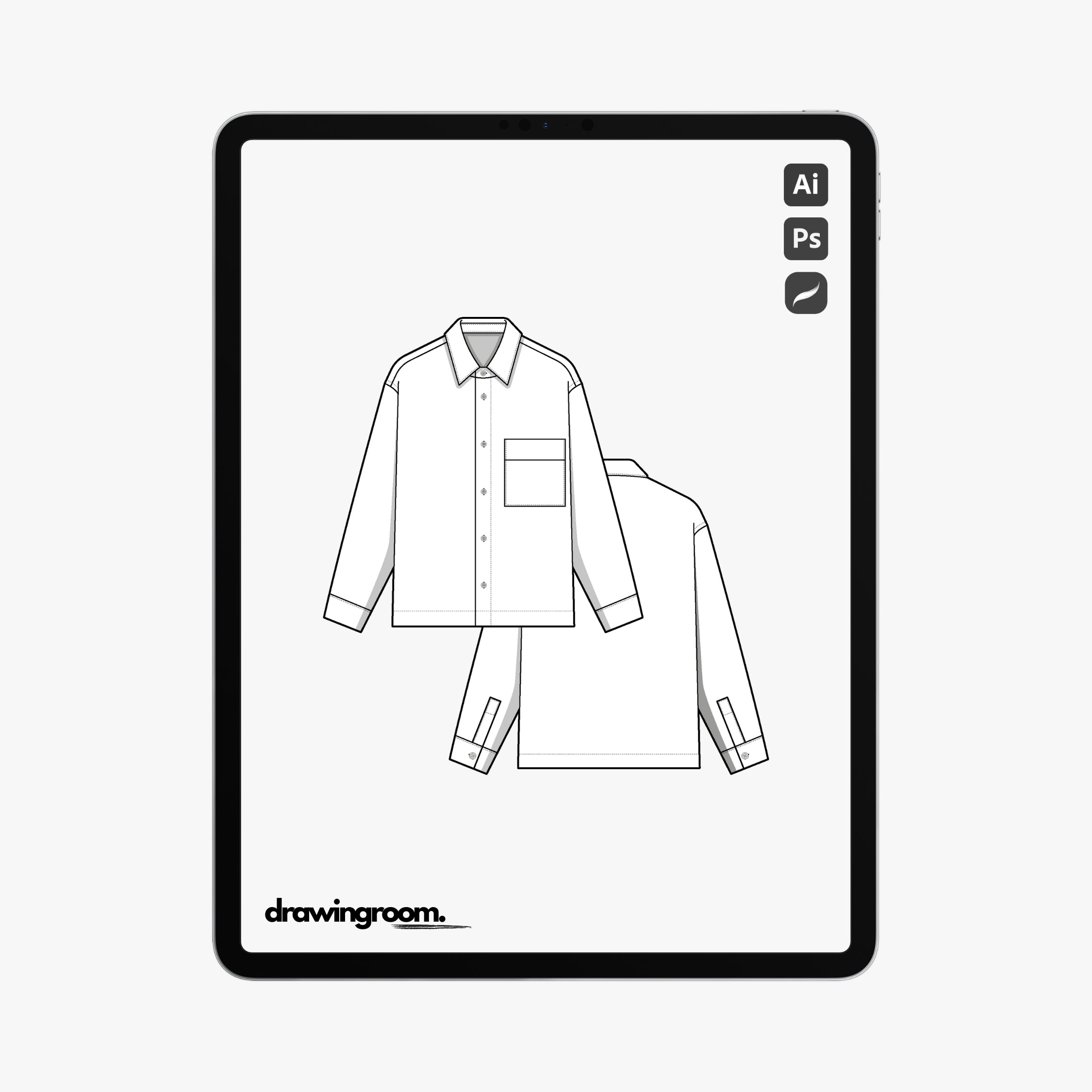 Slim Fit Long Sleeve Button Up Shirt with Patch Pocket with Flap - Flat Mockup Vector