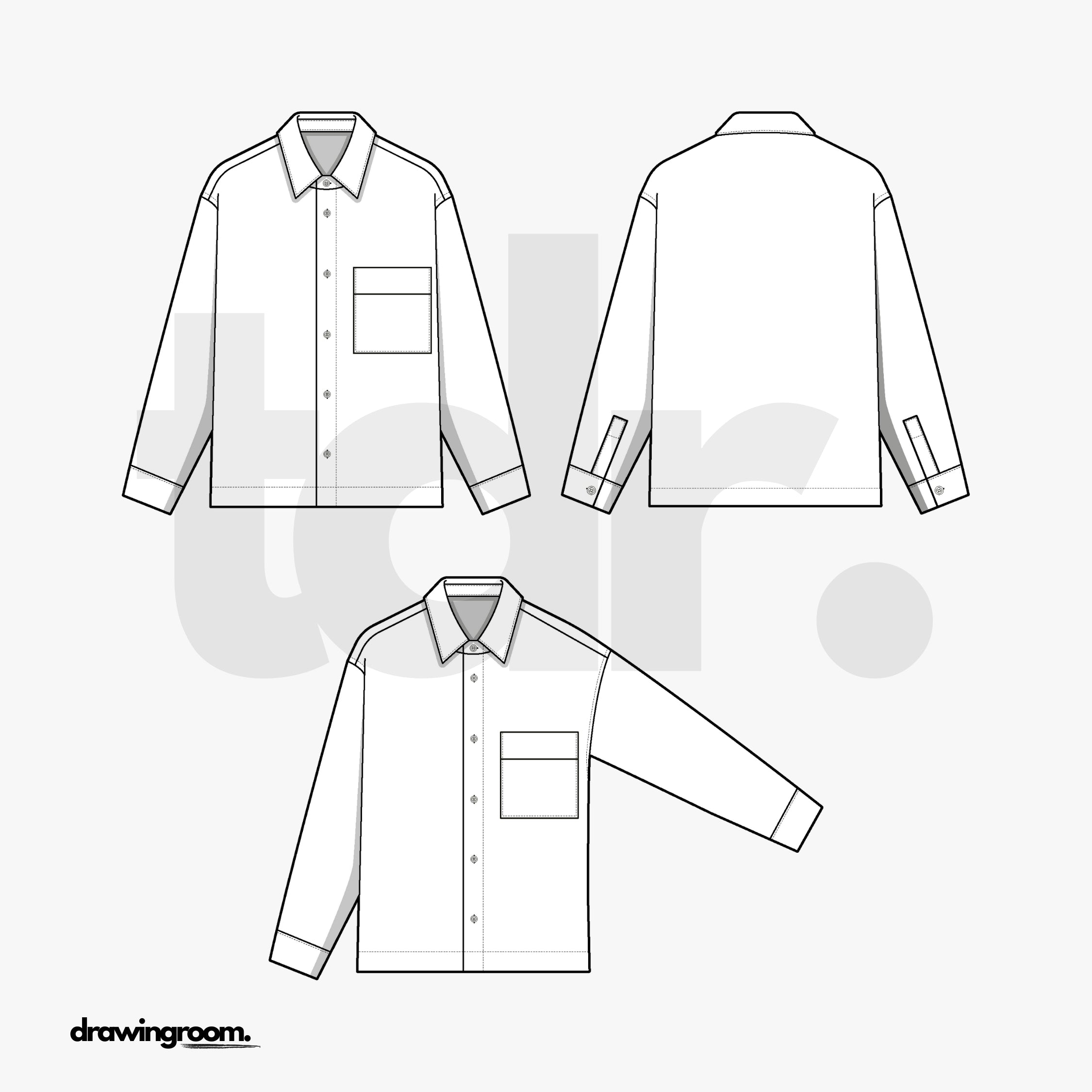 Slim Fit Long Sleeve Button Up Shirt with Patch Pocket with Flap - Flat Mockup Vector