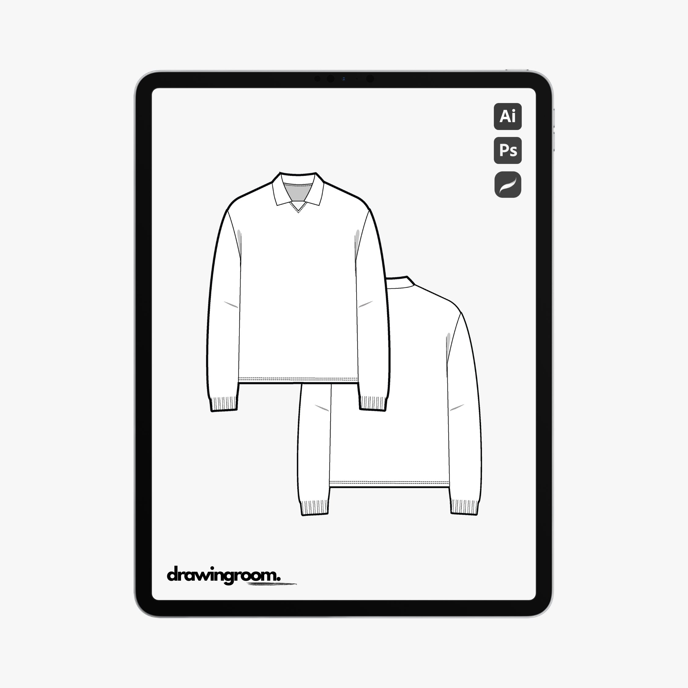 Slim Fit Long Sleeve Pullover Shirt with Collar - Flat Mockup Vector