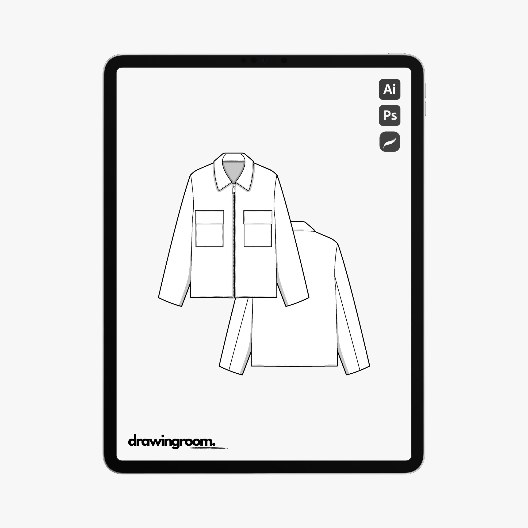 Slim Fit Utility Jacket with Two Oversized Patch Pockets with Flaps - Flat Mockup Vector