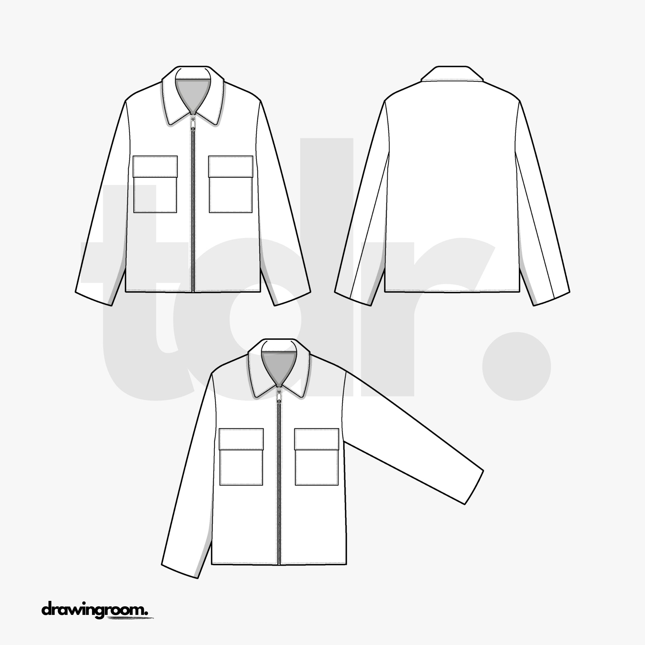 Slim Fit Utility Jacket with Two Oversized Patch Pockets with Flaps - Flat Mockup Vector