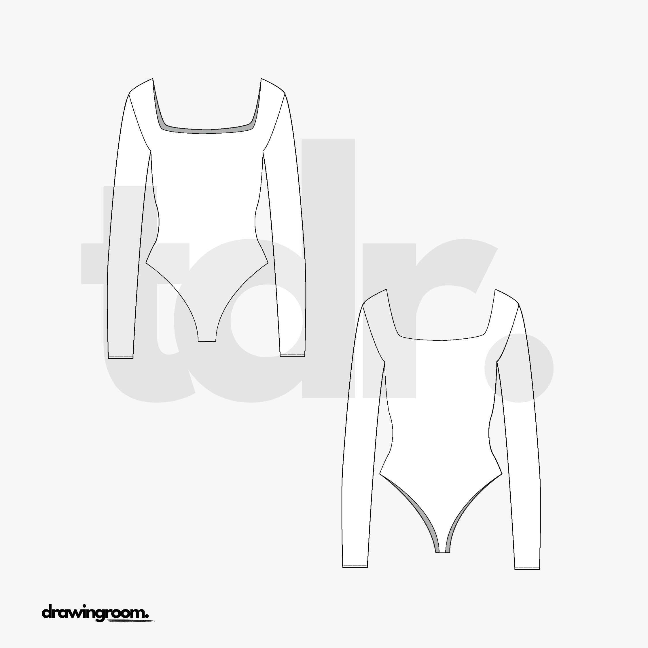 Square Neck Long Sleeve Thong Body Suit - Flat Mockup Vector