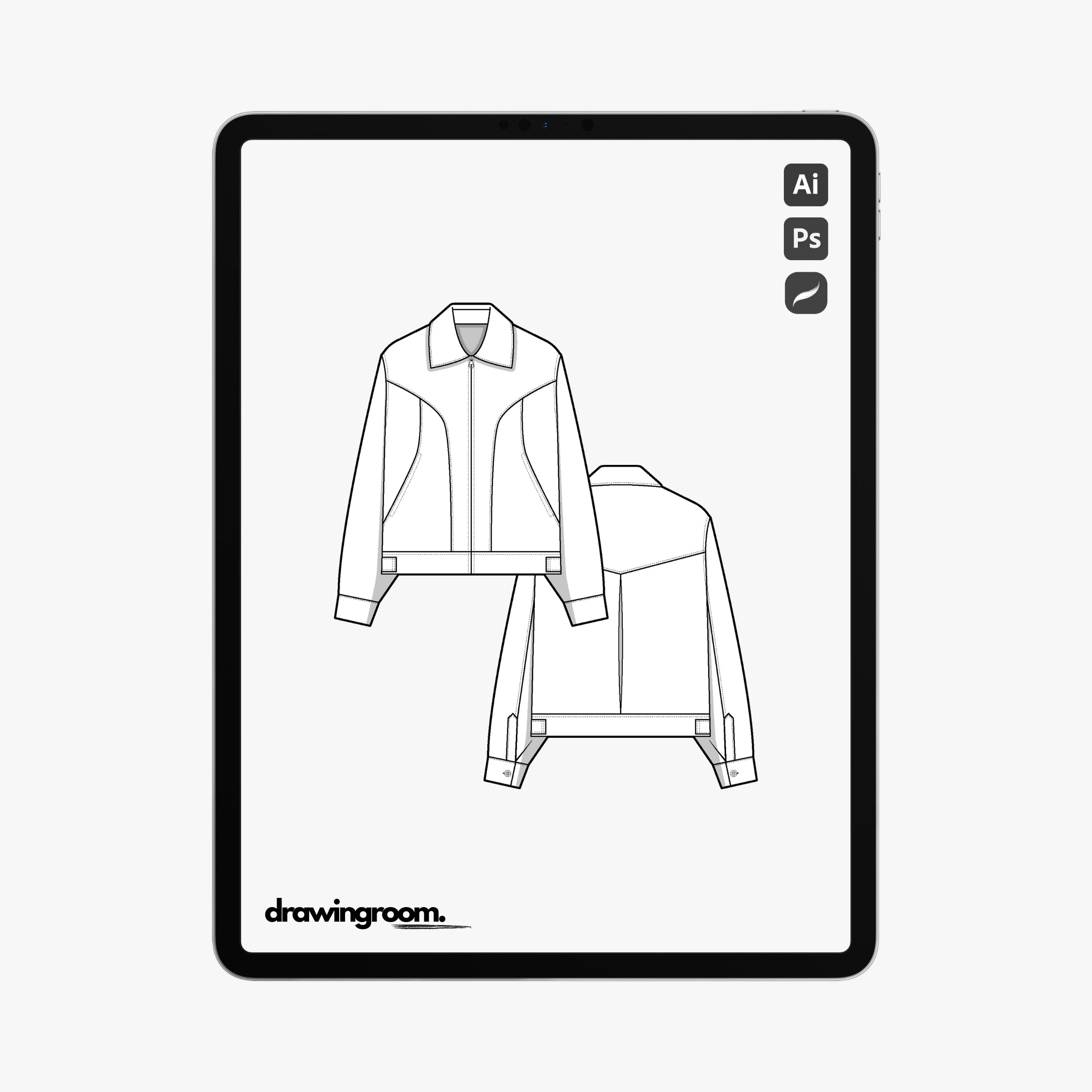 Straight Fit Biker Jacket with Front Cut and Sew Pocket Detail - Flat Mockup Vector