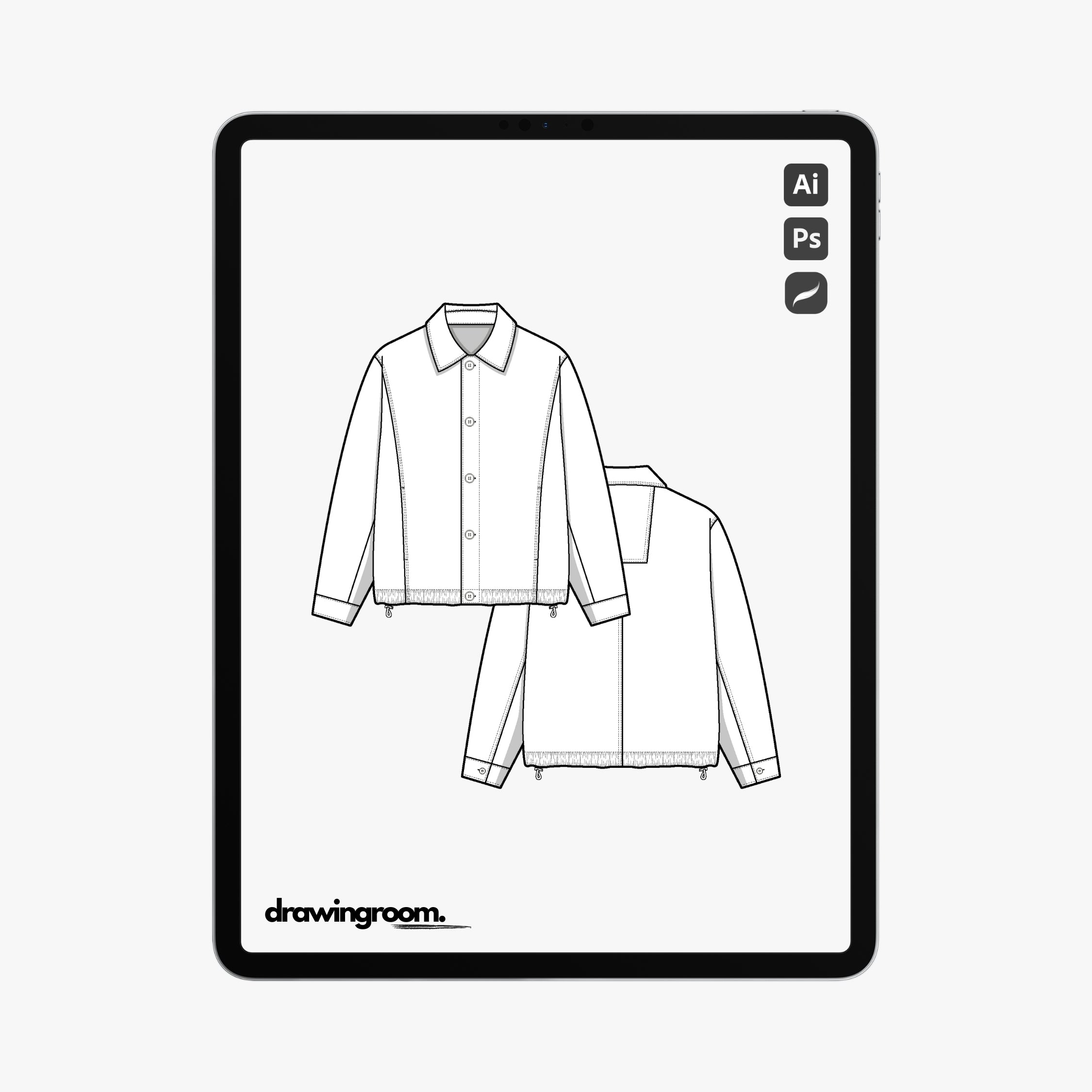 Straight Fit Button Up Jacket with Princess Seam Pockets and Drawstring Hem - Flat Mockup Vector