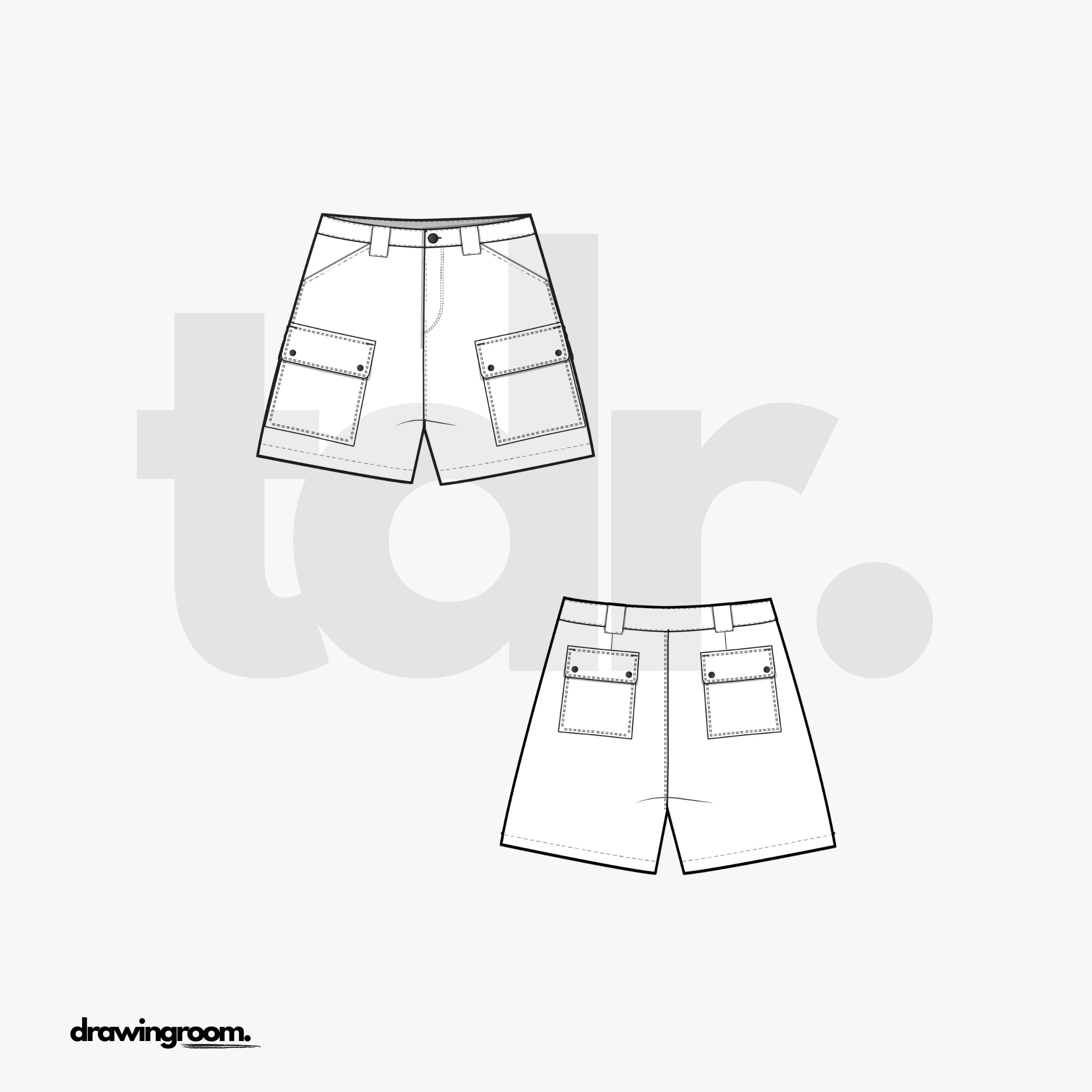 Straight Fit Cargo Shorts with Patch Pockets with Flaps - Flat Mockup Vector