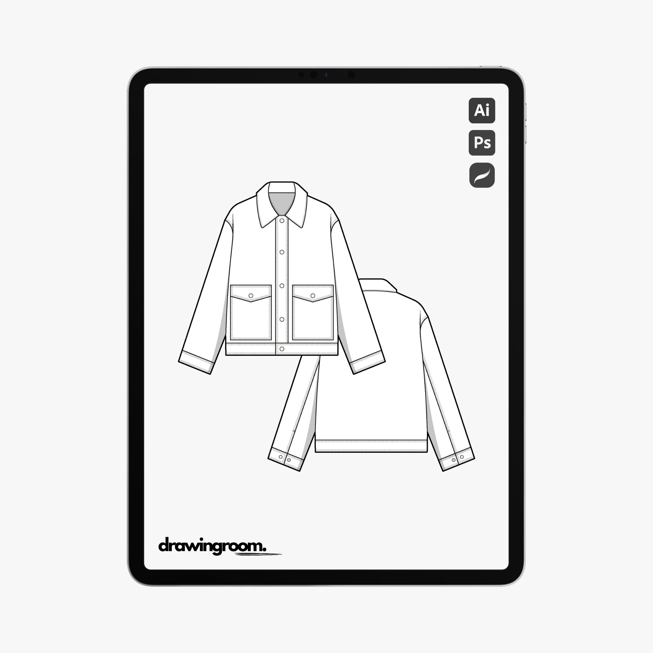 Straight Fit Carpenter Jacket with Oversized Patch Pockets with Flaps - Flat Mockup Vector