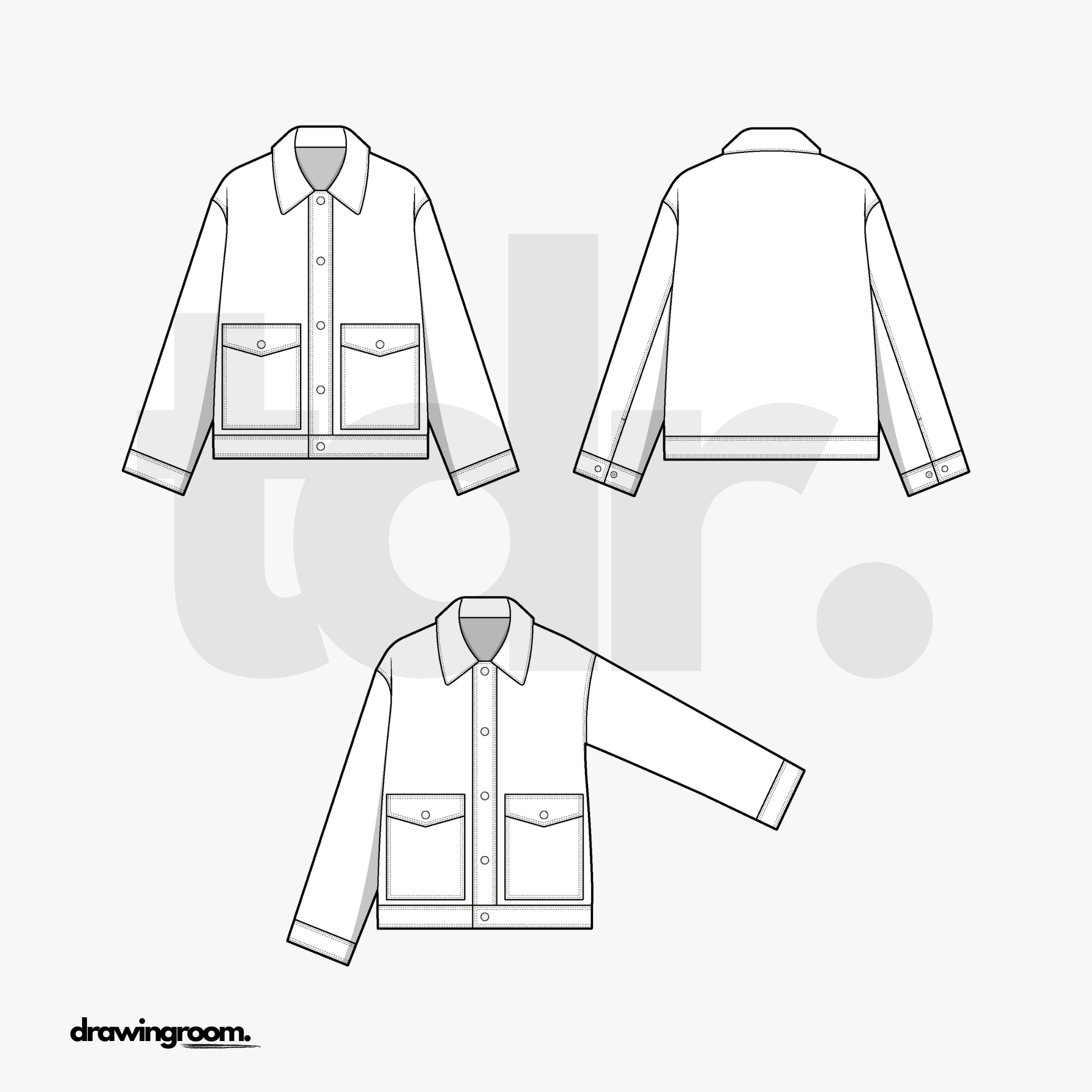 Straight Fit Carpenter Jacket with Oversized Patch Pockets with Flaps - Flat Mockup Vector