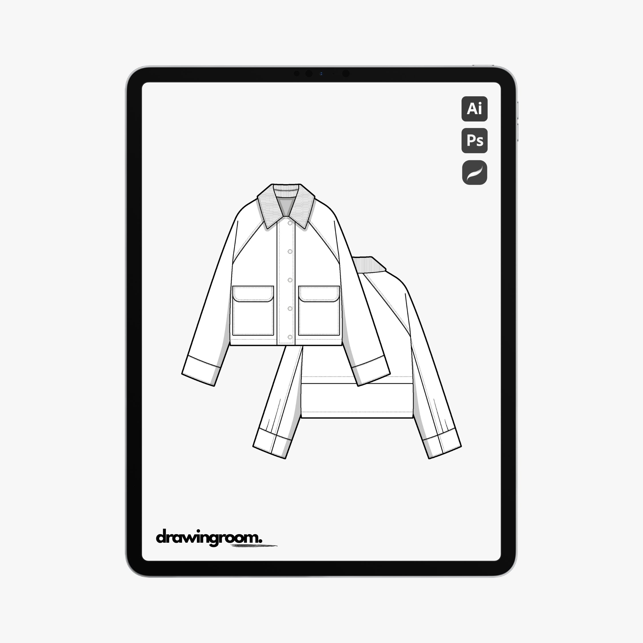 Straight Fit Carpenter Jacket with Raglan Sleeves and Patch Pockets - Flat Mockup Vector