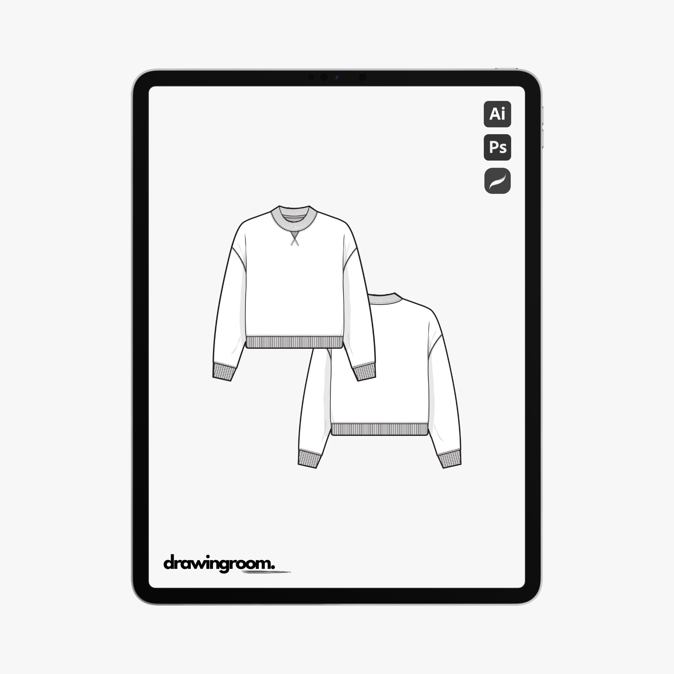 Straight Fit Cropped Crewneck Pullover with V-Notch - Flat Mockup Vector