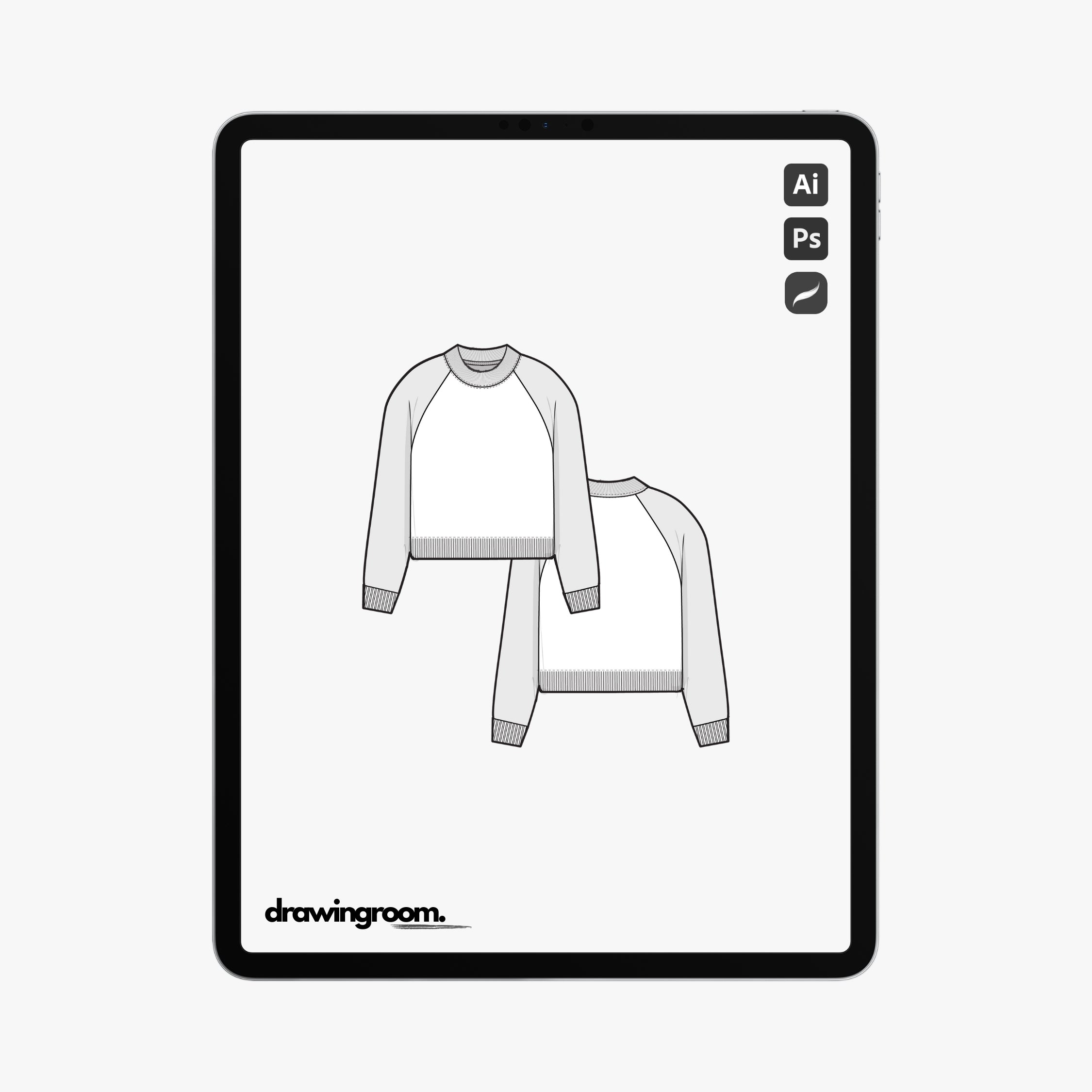 Straight Fit Cropped Raglan Crewneck Pullover - Flat Mockup Vector