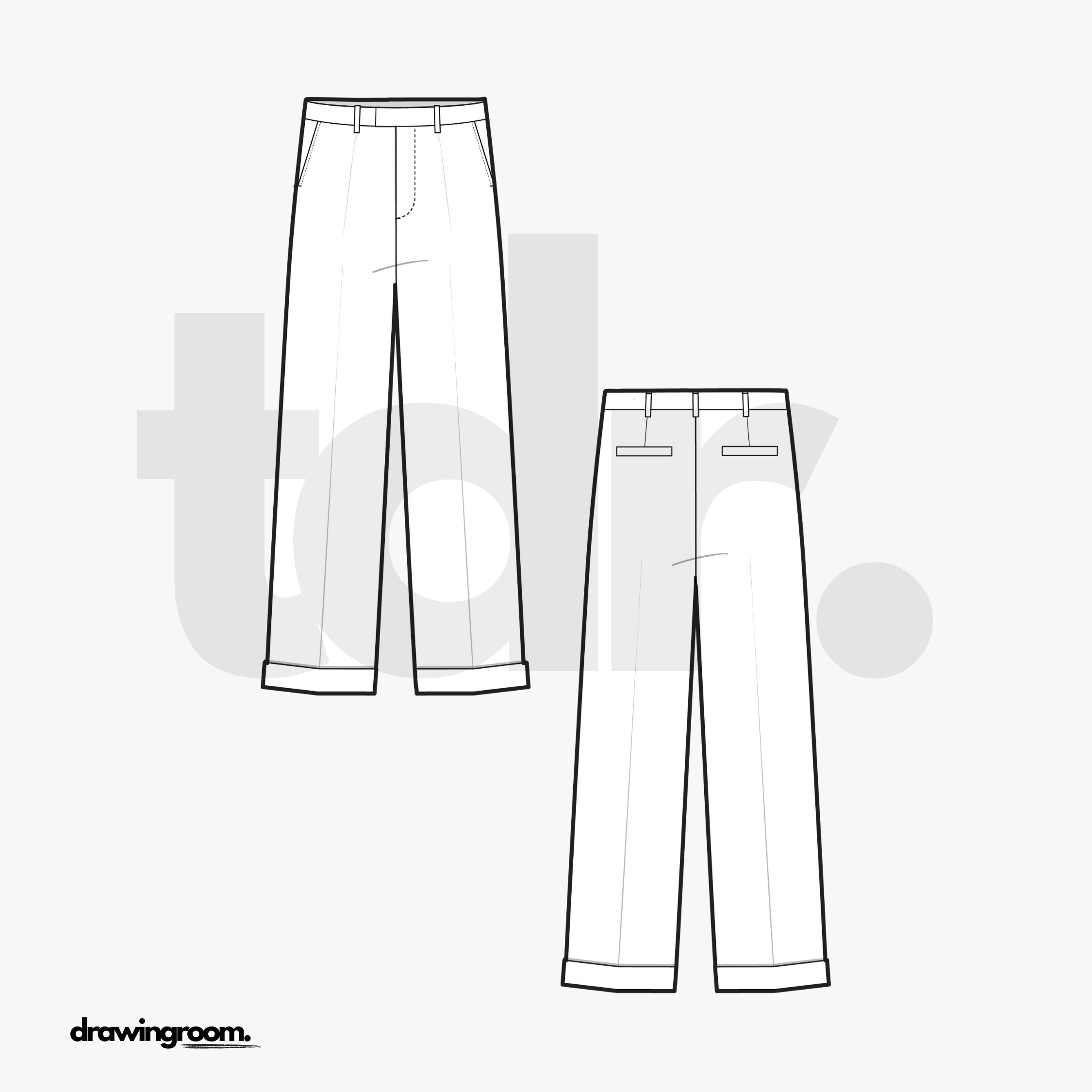 Straight Fit Cuffed Trousers with Back Welt Pockets - Flat Mockup Vector