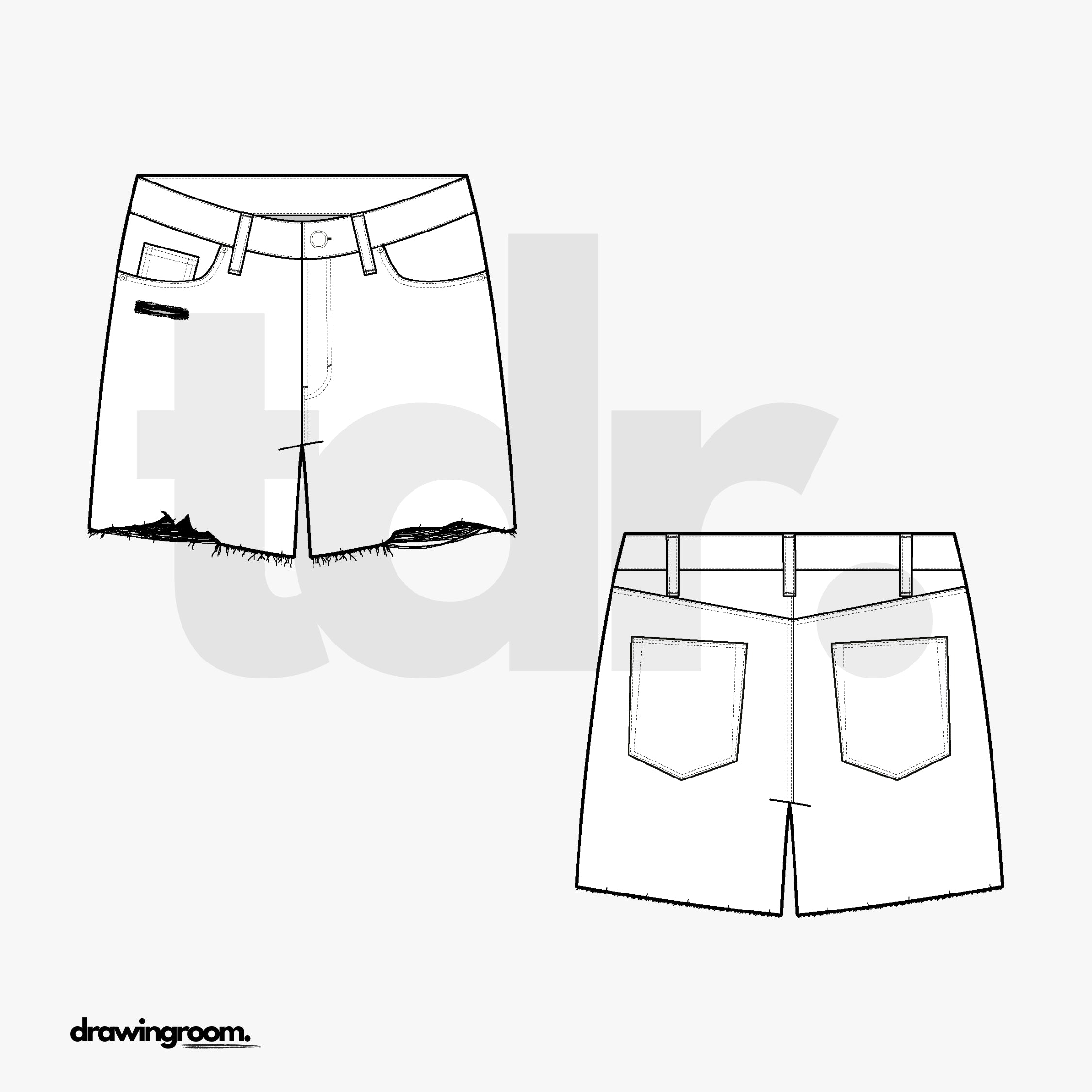 Straight Fit Denim Shorts with Distressed Hem - Flat Mockup Vector