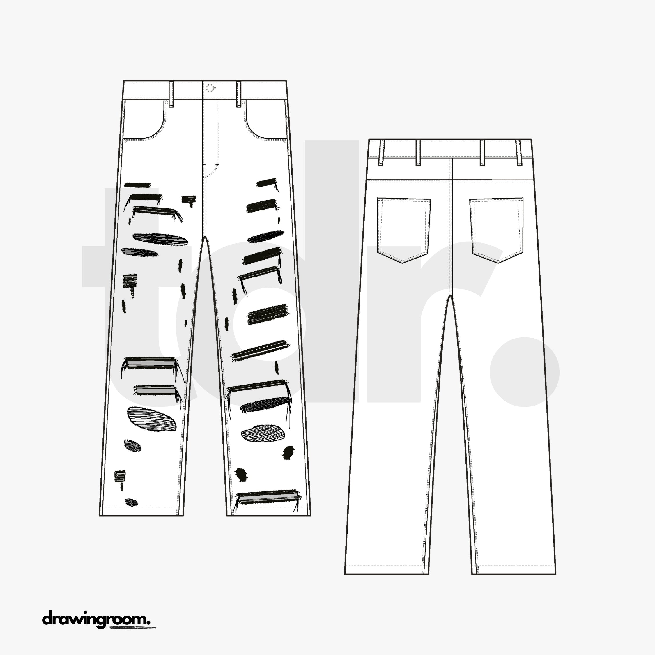 Straight Fit Jeans with Front Distressing - Flat Mockup Vector