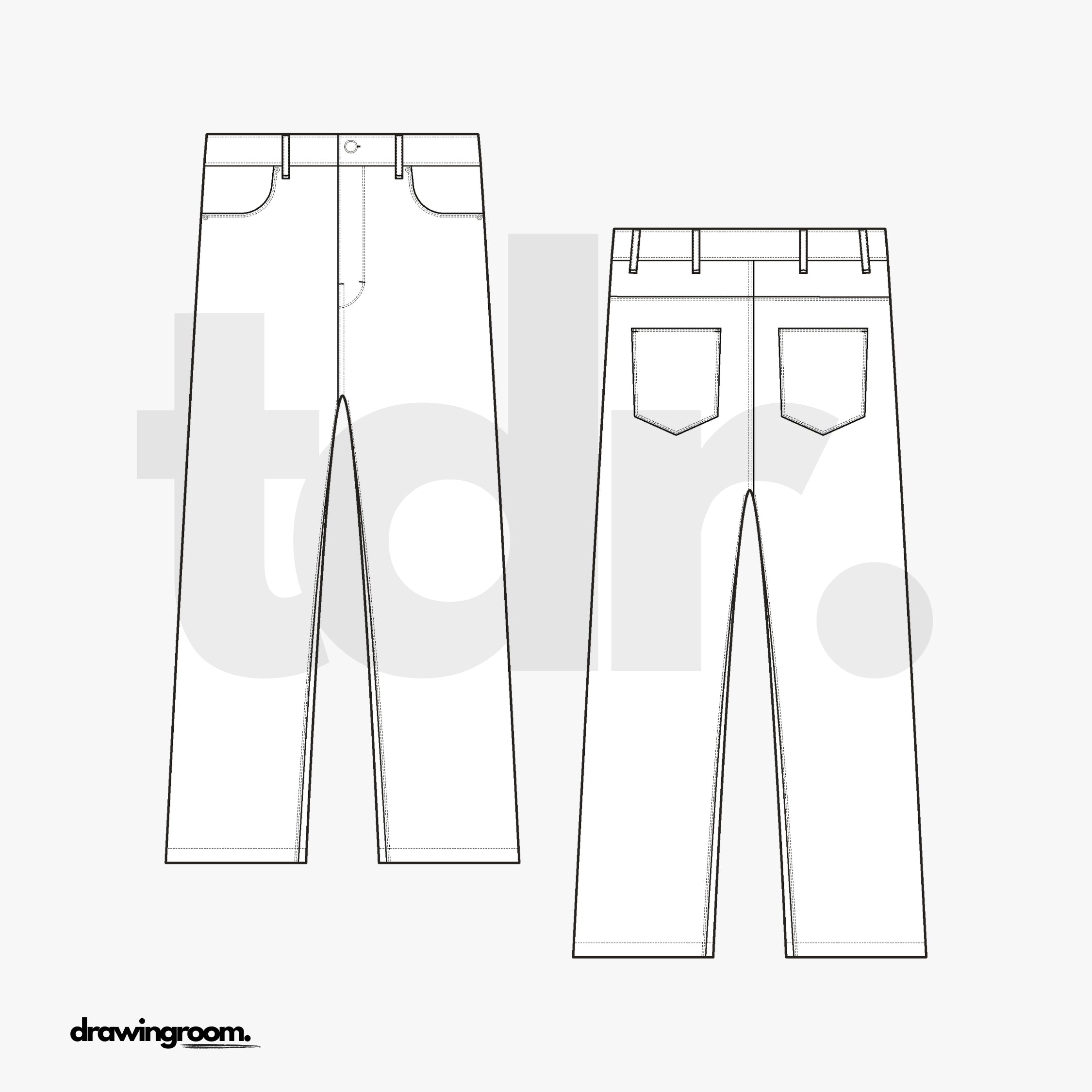 Straight Fit Jeans with Straight Back Yoke - Flat Mockup Vector