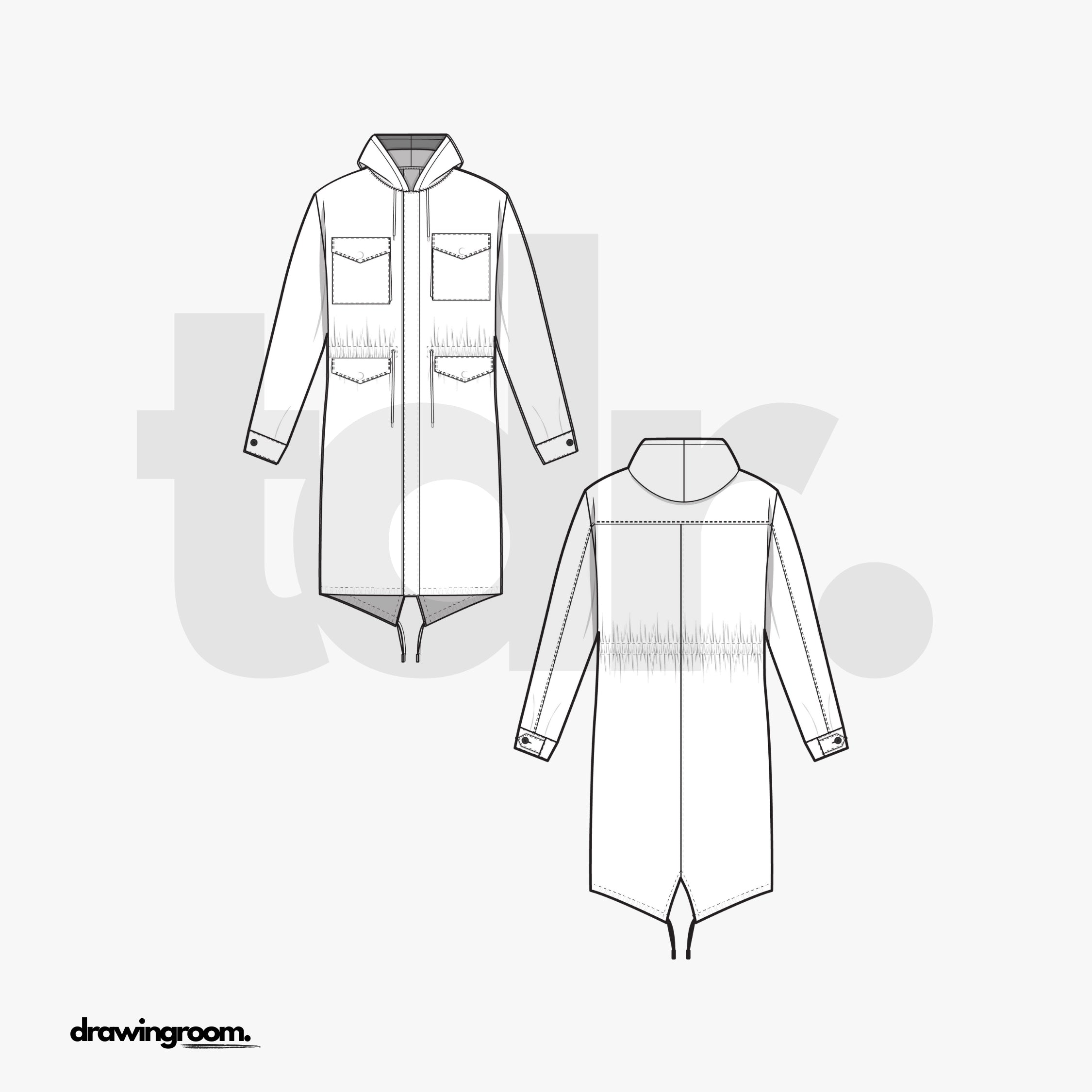 Straight Fit Long Hooded Parka with Multiple Pockets - Flat Mockup Vector