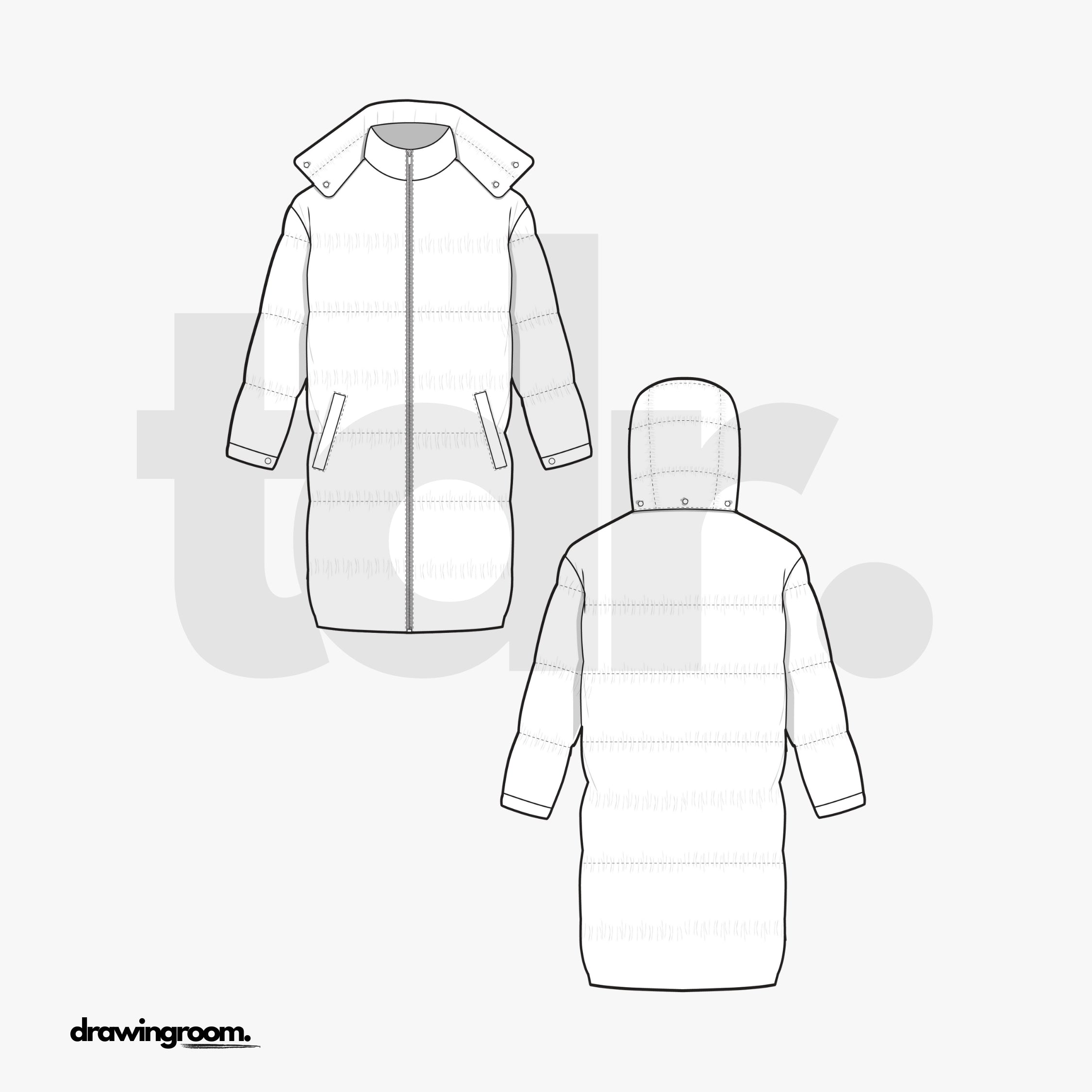 Straight Fit Long Puffer Jacket with Hood - Flat Mockup Vector