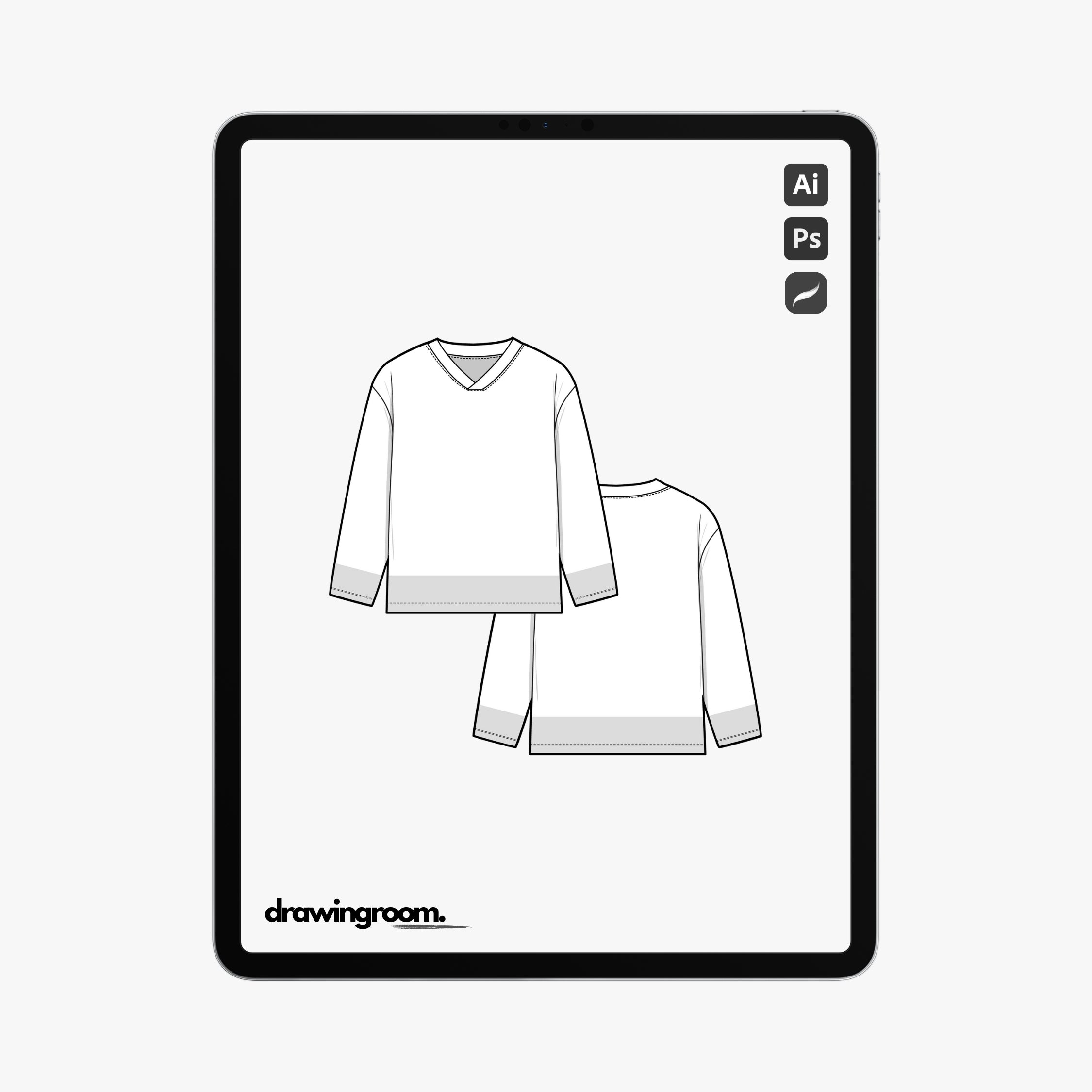 Straight Fit Long Sleeve V-Neck Pullover Sweater - Flat Mockup Vector