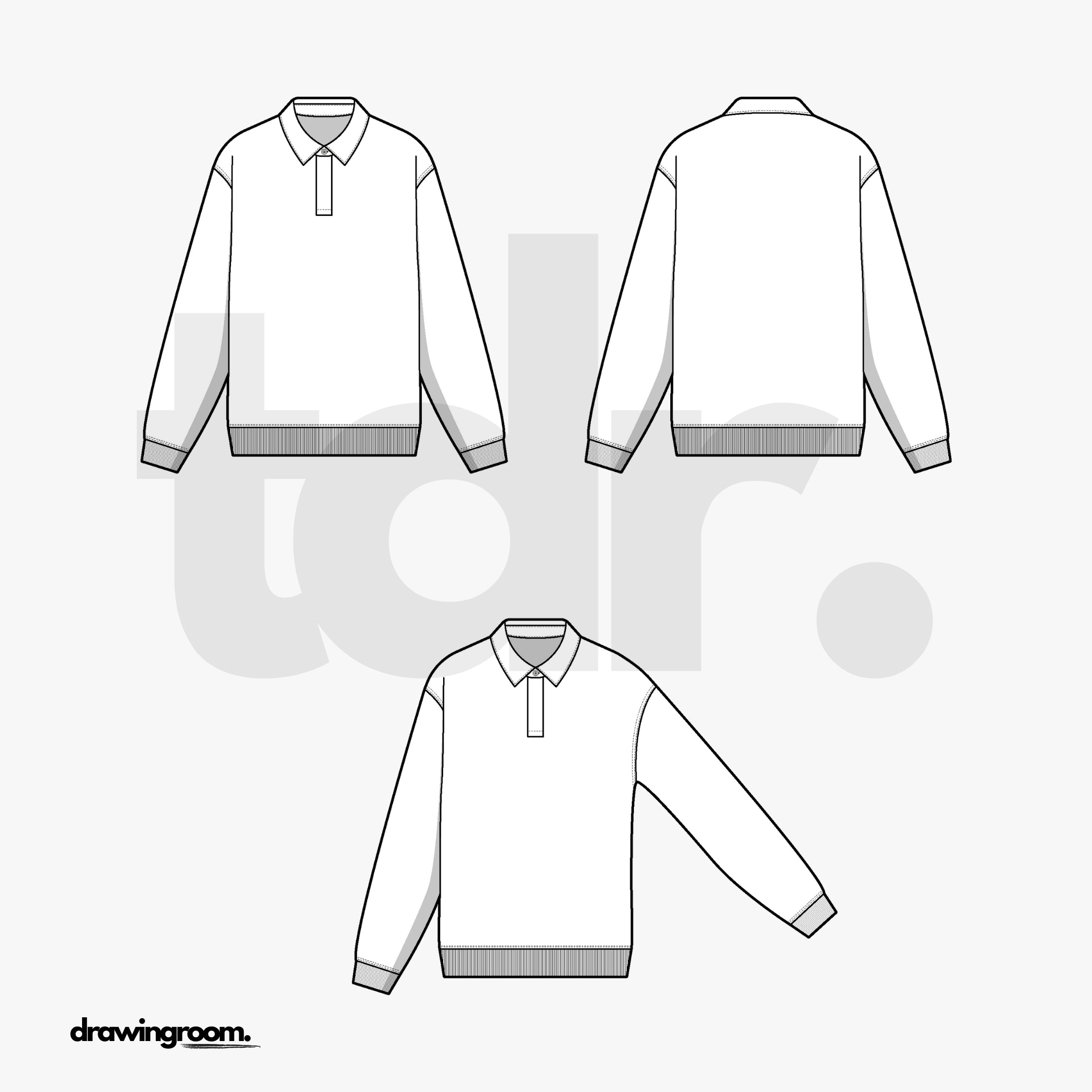 Straight Fit Polo Sweatshirt with Ribbed Cuff and Hem - Flat Mockup Vector