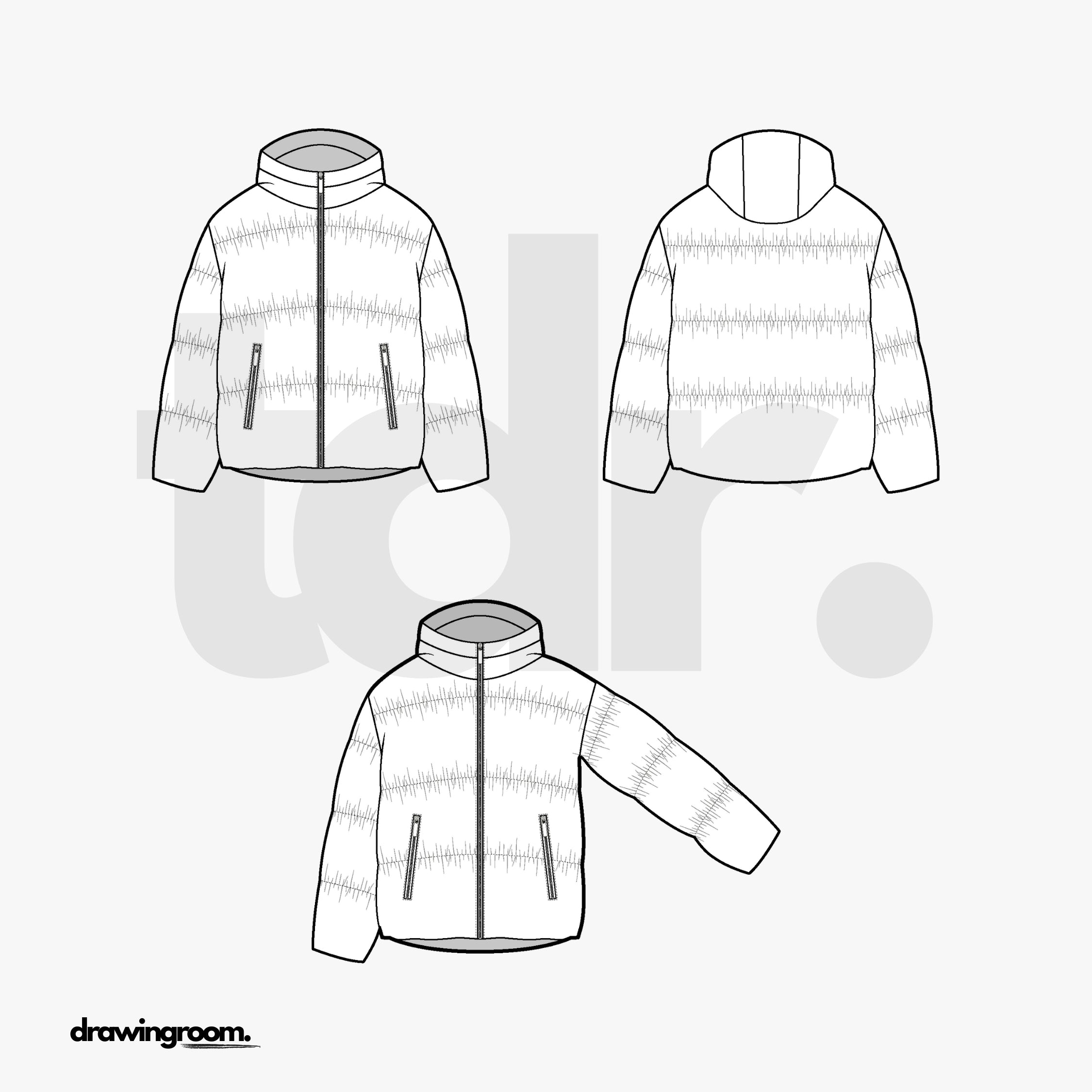 Straight Fit Puffer Jacket with Hood and Zip Up Pockets - Flat Mockup Vector