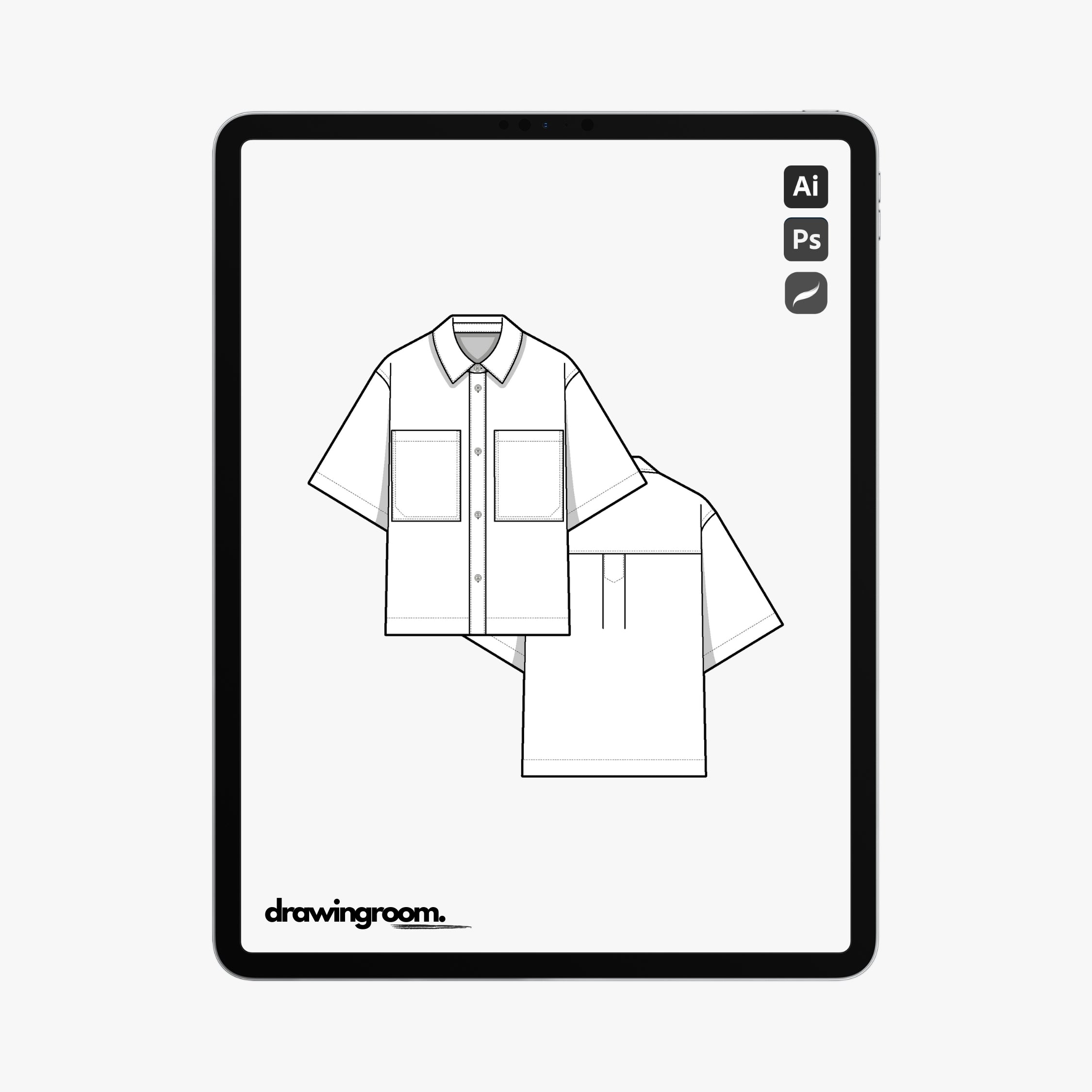 Straight Fit Short Sleeve Button Up Shirt with Front Patch Pockets and Back Pleat - Flat Mockup Vector