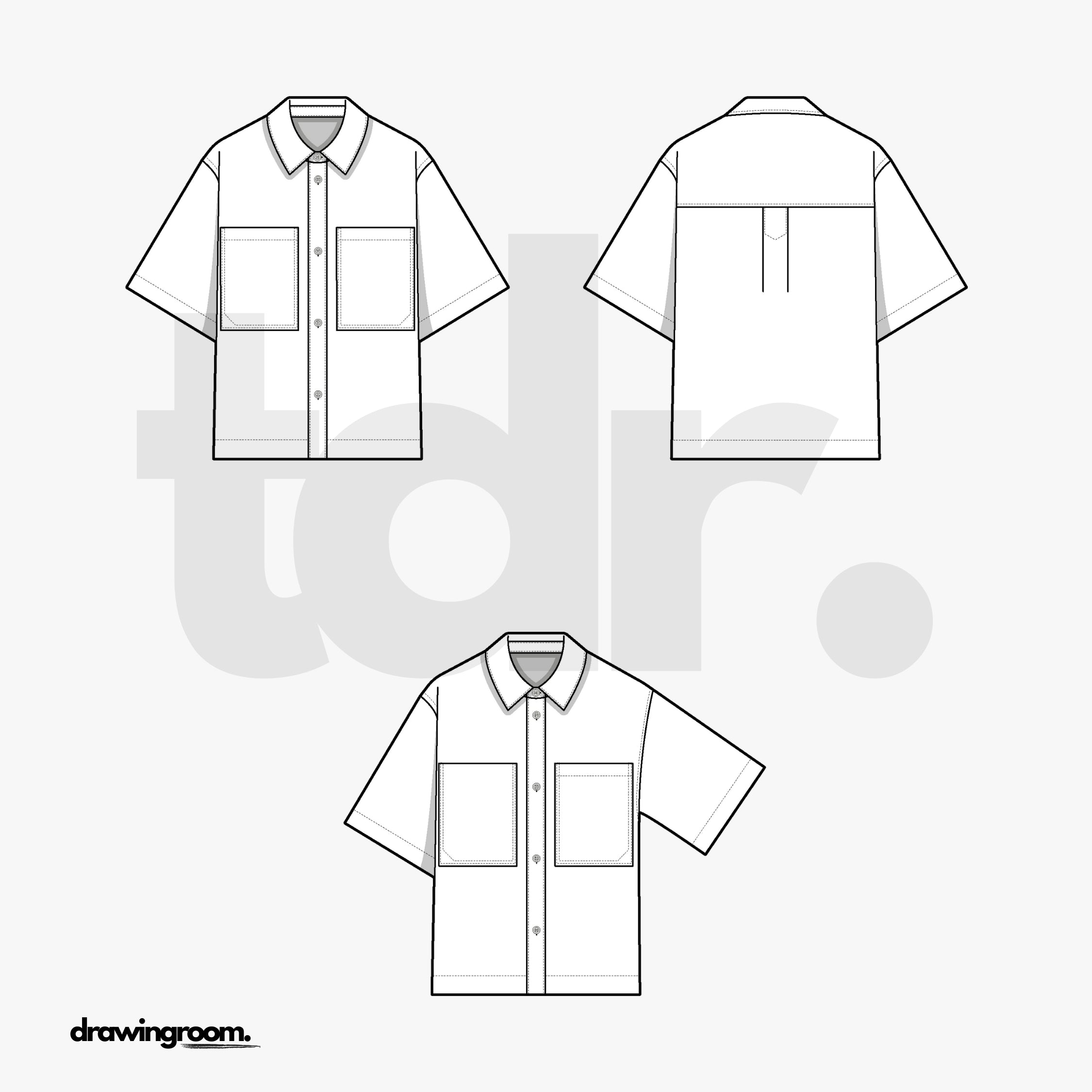 Straight Fit Short Sleeve Button Up Shirt with Front Patch Pockets and Back Pleat - Flat Mockup Vector