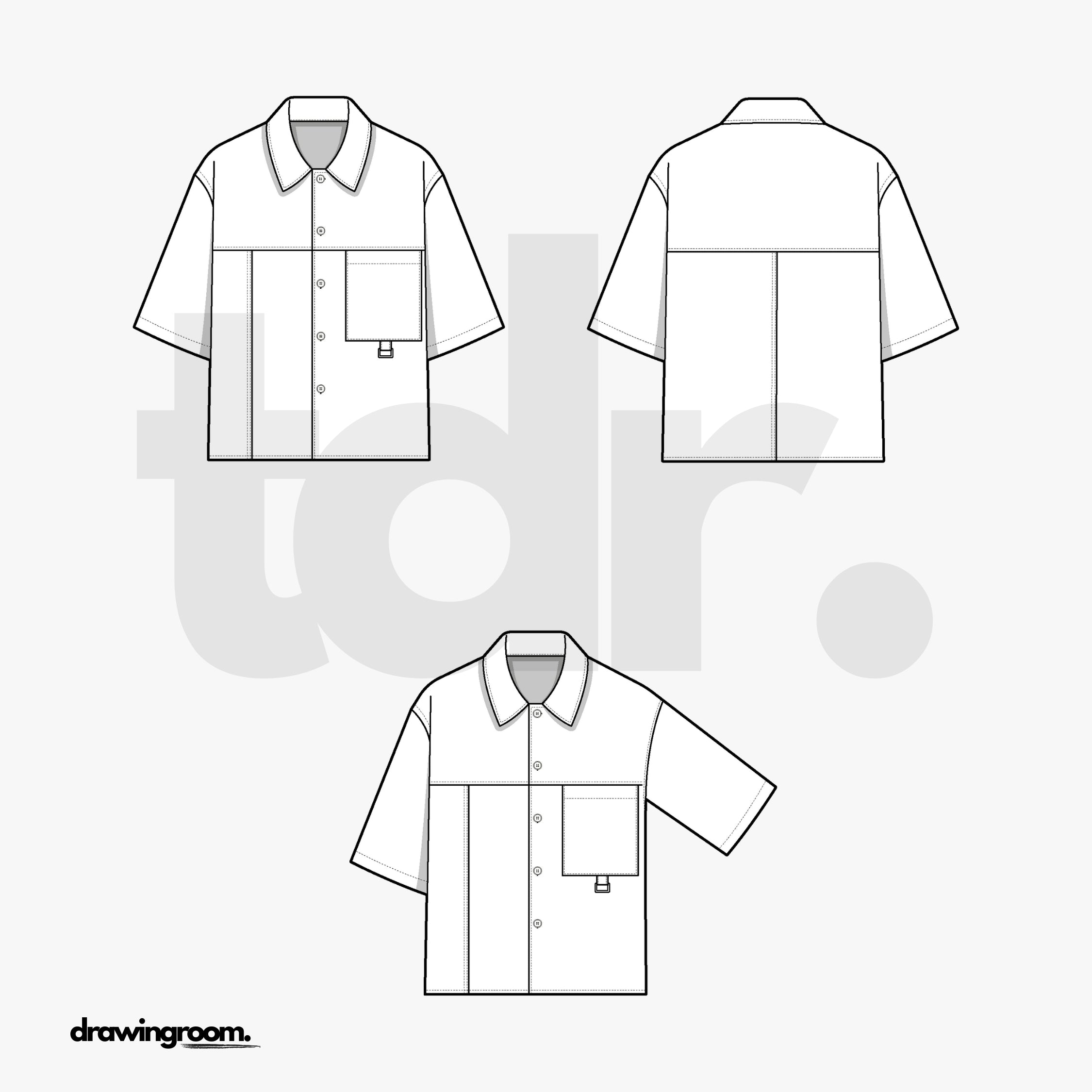 Straight Fit Short Sleeve Button Up Shirt with Front and Back Cut and Sew Detail - Flat Mockup Vector