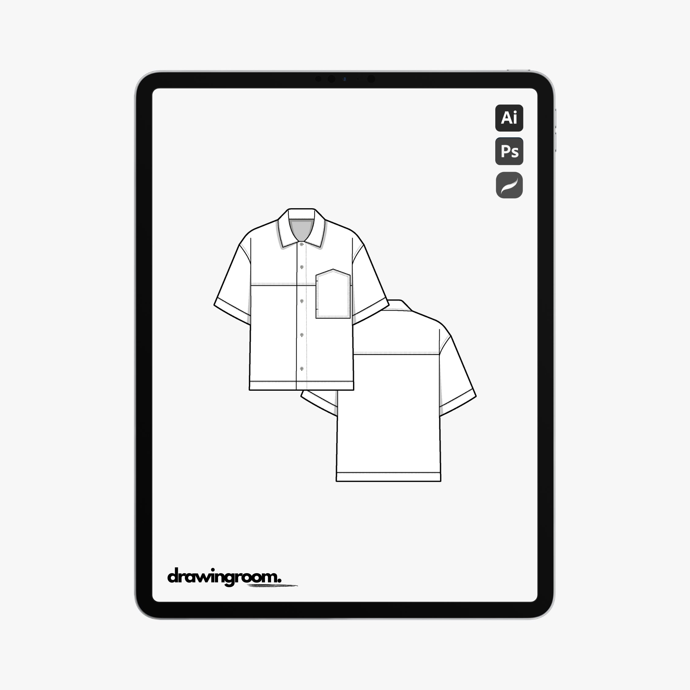 Straight Fit Short Sleeve Button Up with Front and Back Yoke - Flat Mockup Vector