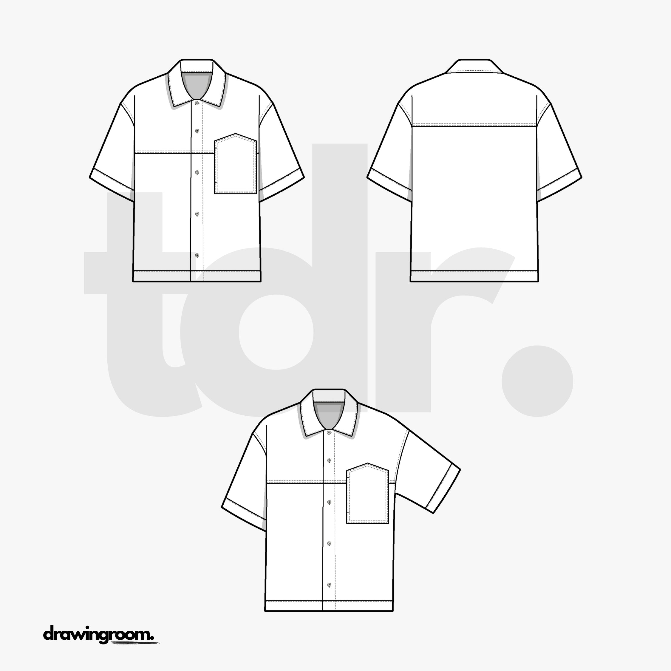 Straight Fit Short Sleeve Button Up with Front and Back Yoke - Flat Mockup Vector