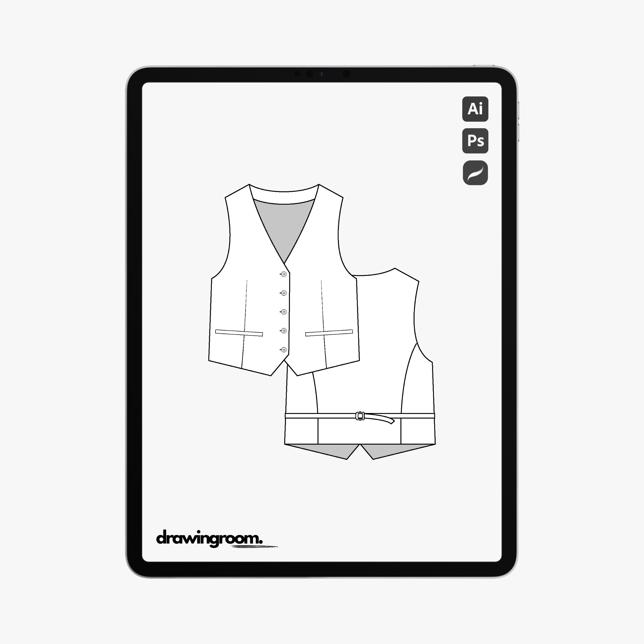 Straight Fit Suit Vest with Back Princess Seam and Adjuster Belt - Flat Mockup Vector