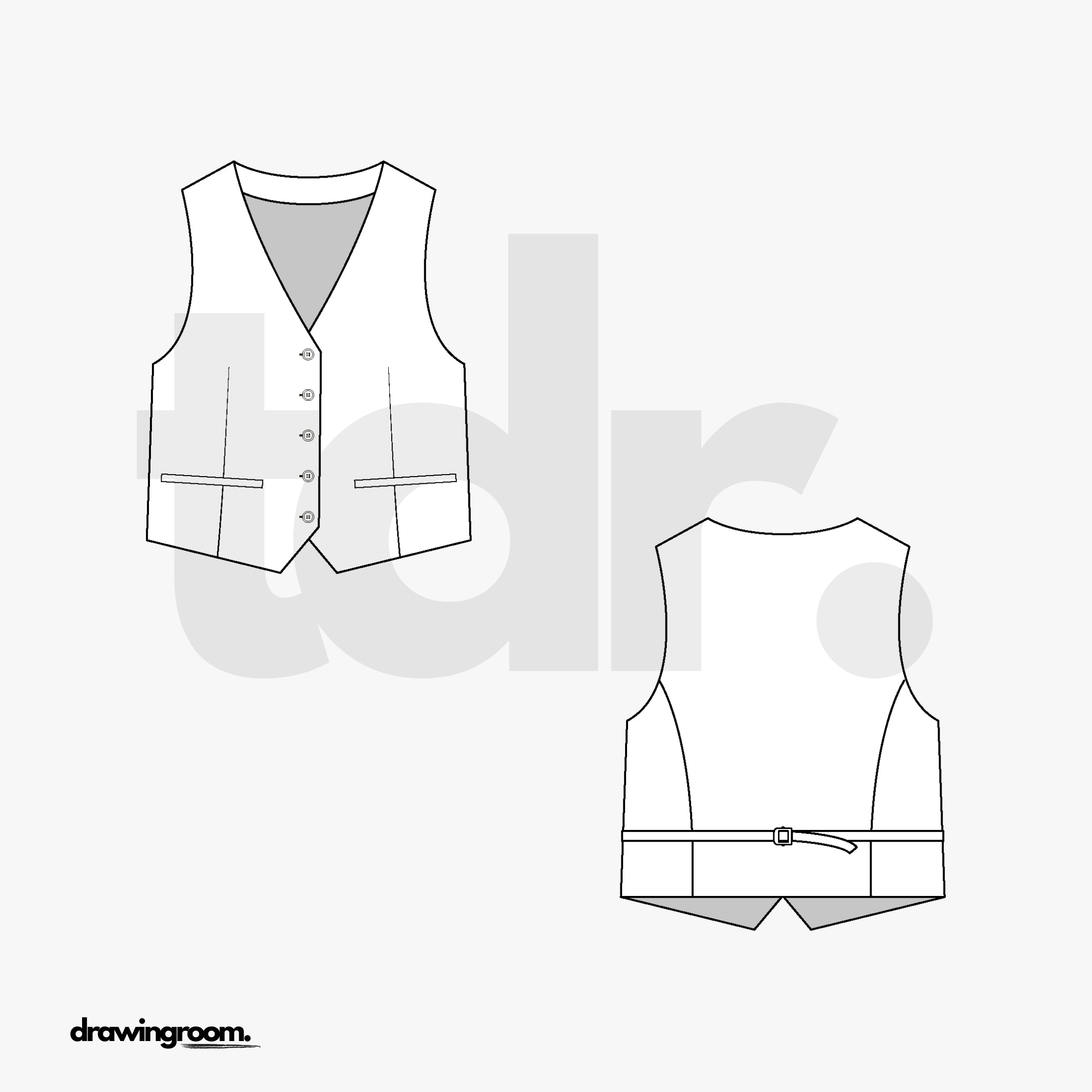 Straight Fit Suit Vest with Back Princess Seam and Adjuster Belt - Flat Mockup Vector