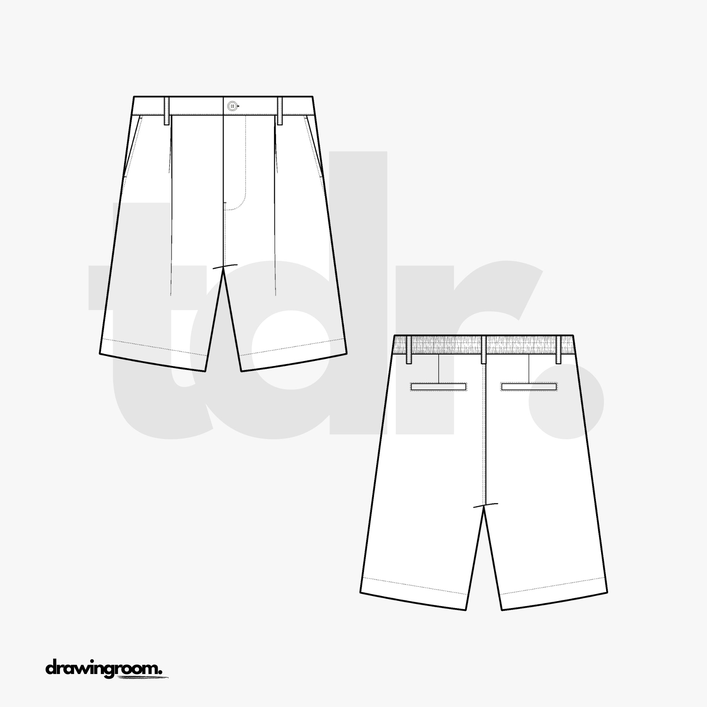 Straight Fit Trouser Shorts with Front Pleats - Flat Mockup Vector